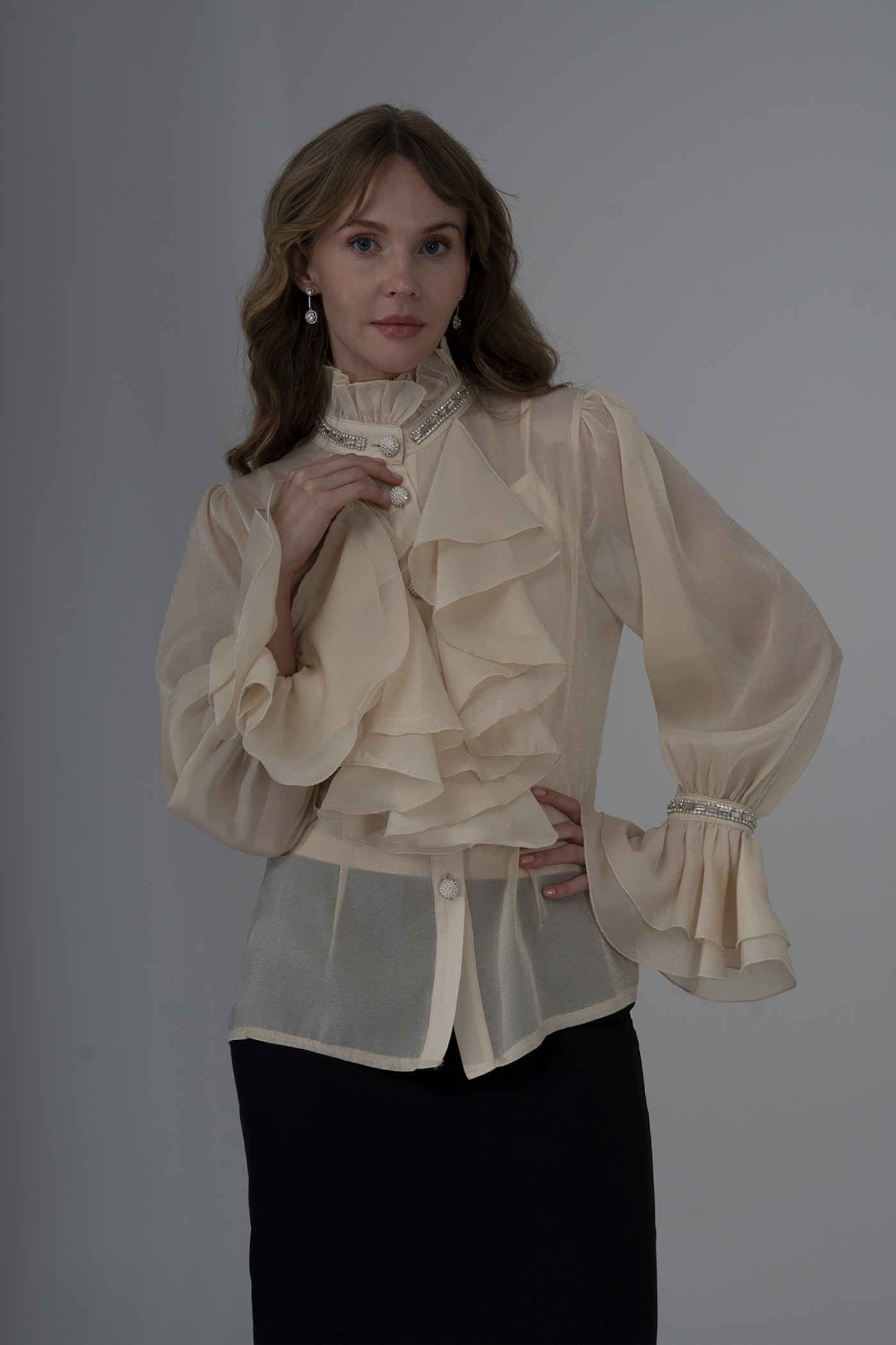 Pearl and Stone Detailed Ruffled Organza Shirt 