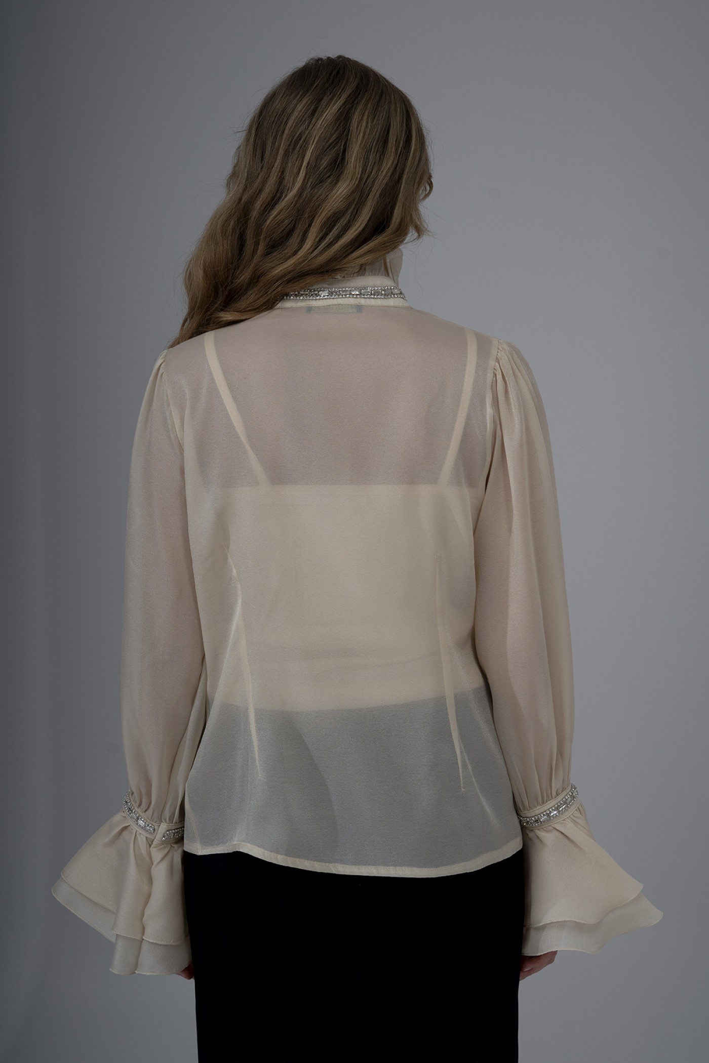 Pearl and Stone Detailed Ruffled Organza Shirt 