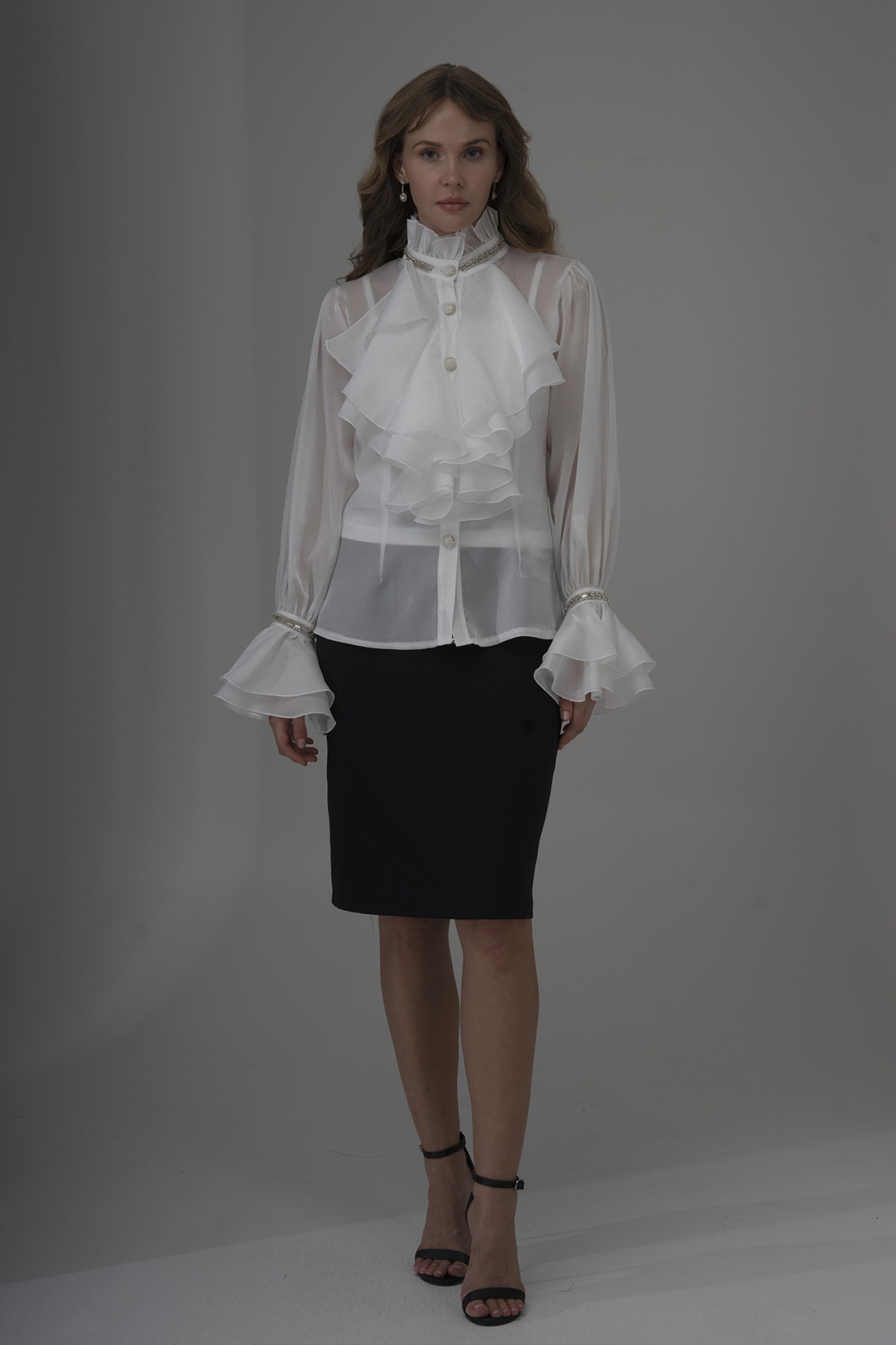 Pearl and Stone Detailed Ruffled Organza Shirt 