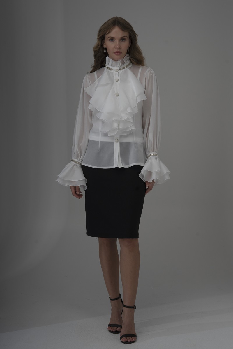 Pearl and Stone Detailed Ruffled Organza Shirt 