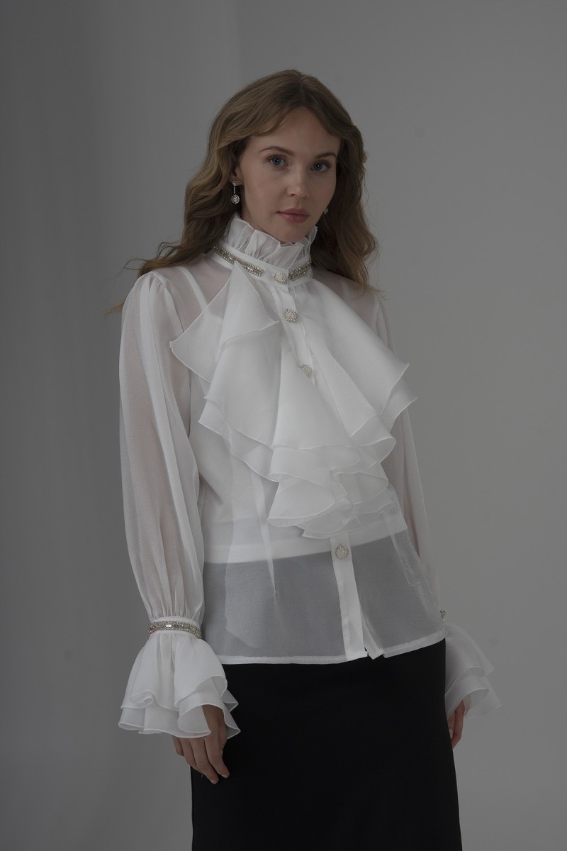 Pearl and Stone Detailed Ruffled Organza Shirt 