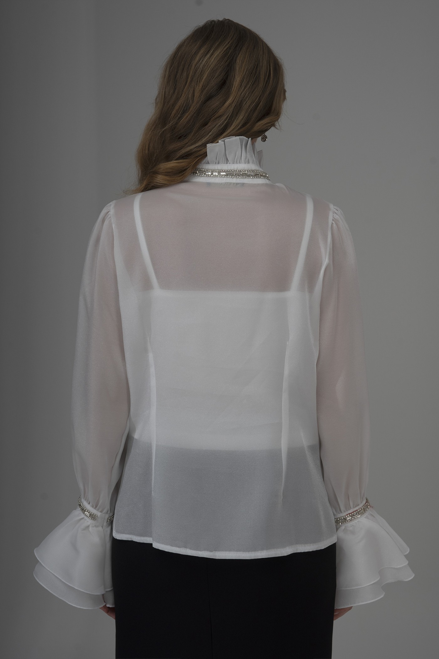 Pearl and Stone Detailed Ruffled Organza Shirt 