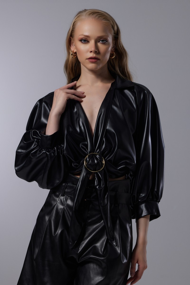 Buckle Front Leather Short Blouse