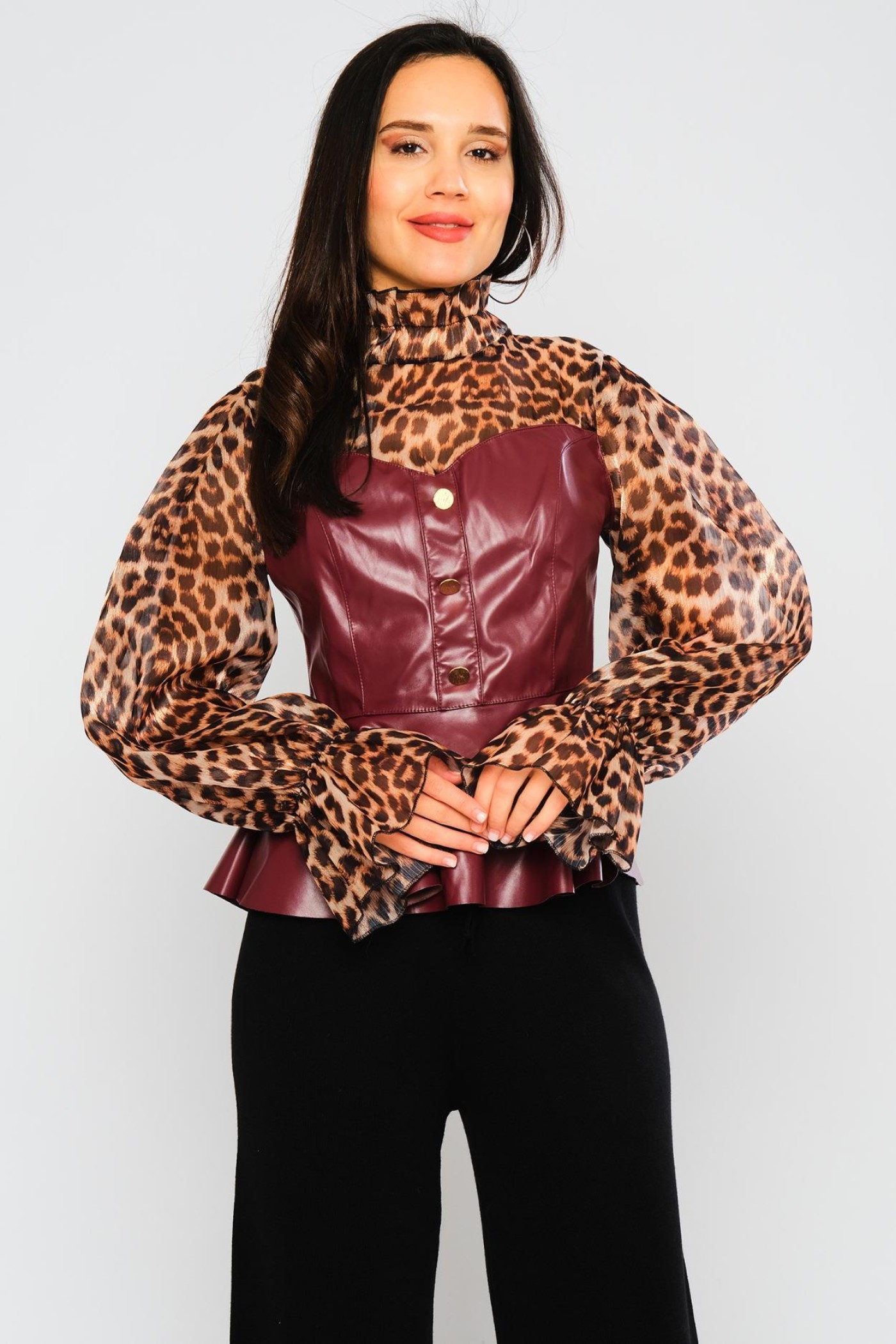 Leather Organza Button Blouse