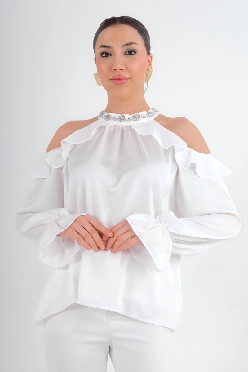 Satin Blouse with Stone Accessory on Collar Satin Blouse with Stone Accessory on Collar