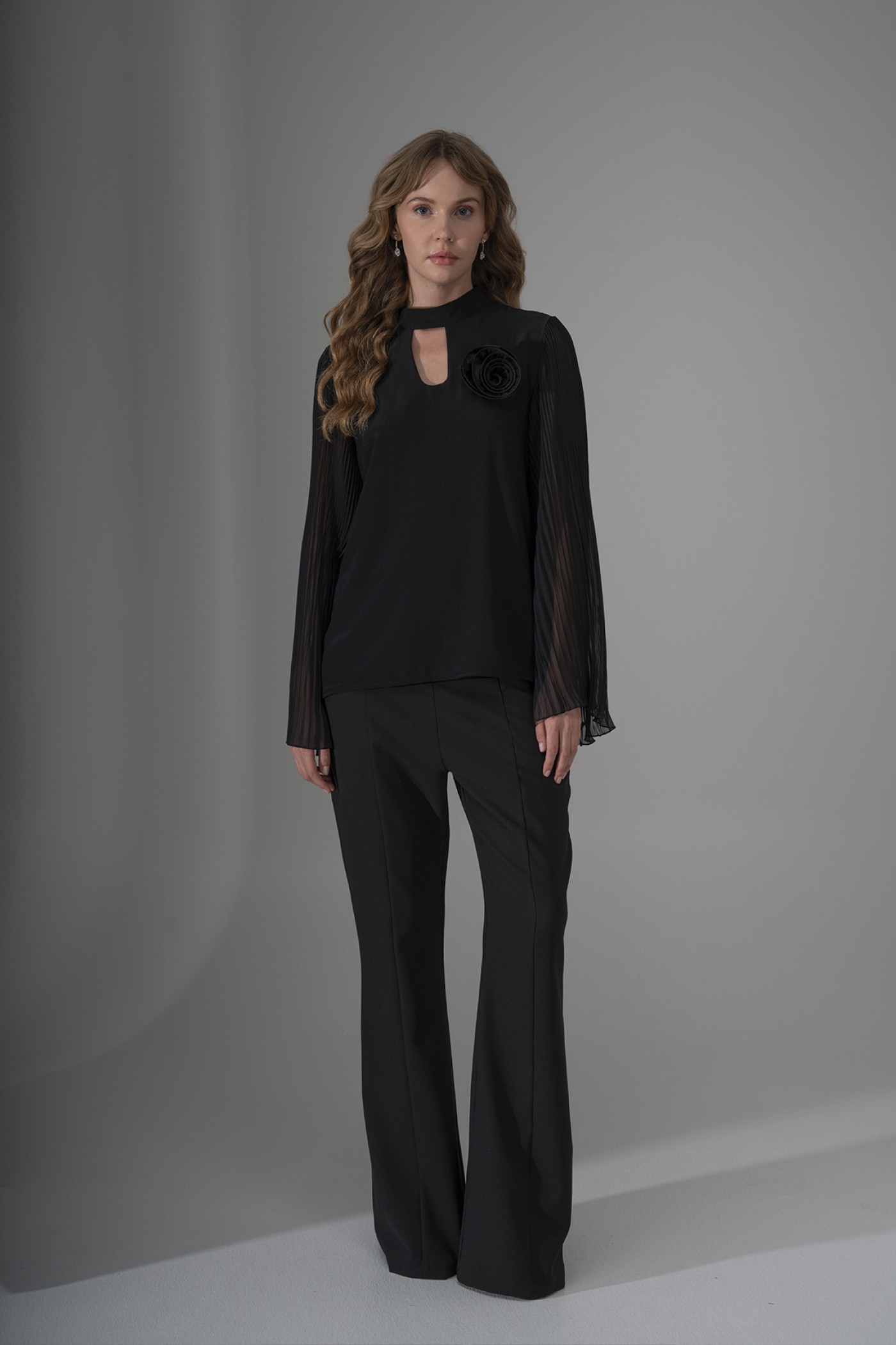 Blouse with Chiffon Sleeves and Floral Accessory