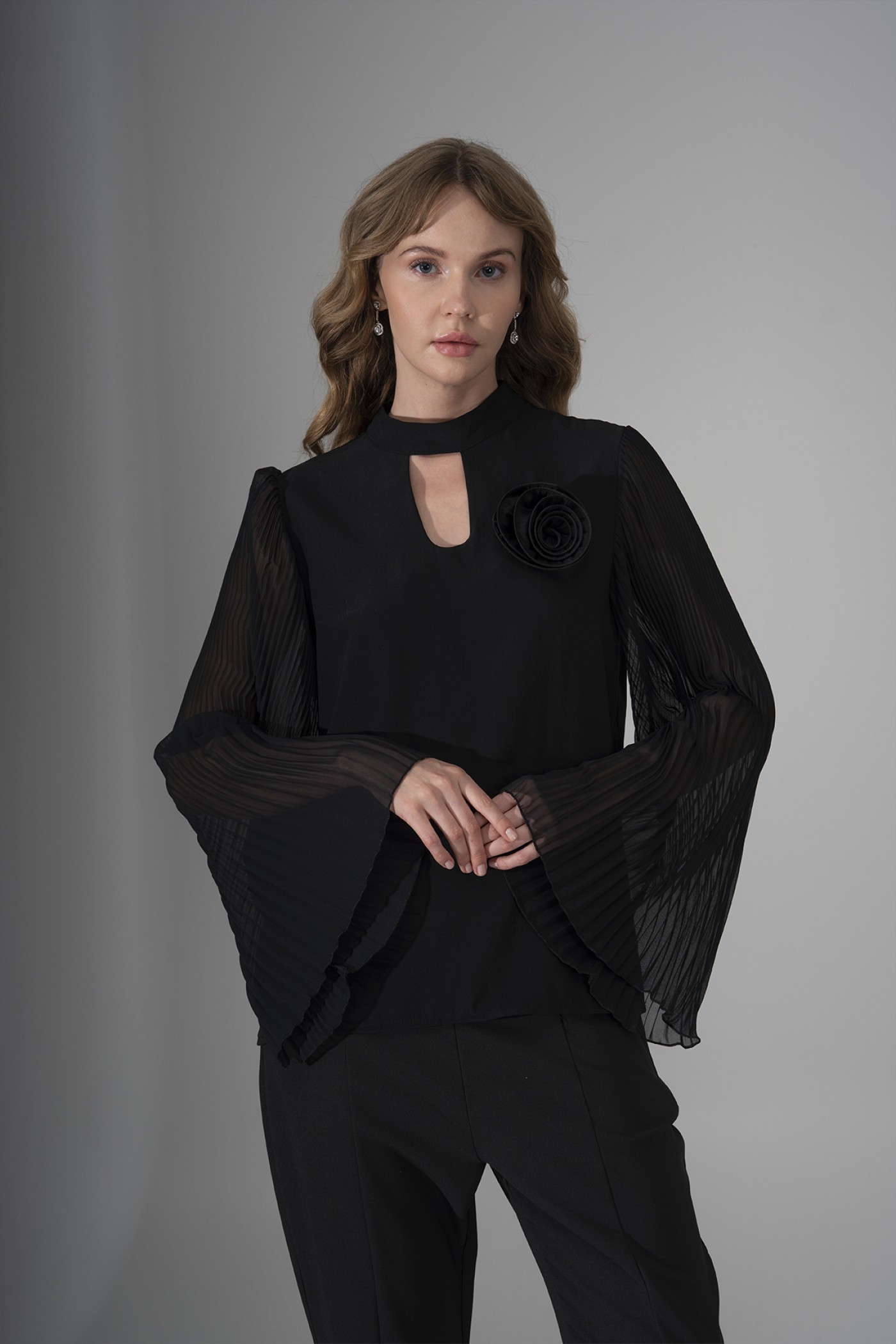 Blouse with Chiffon Sleeves and Floral Accessory