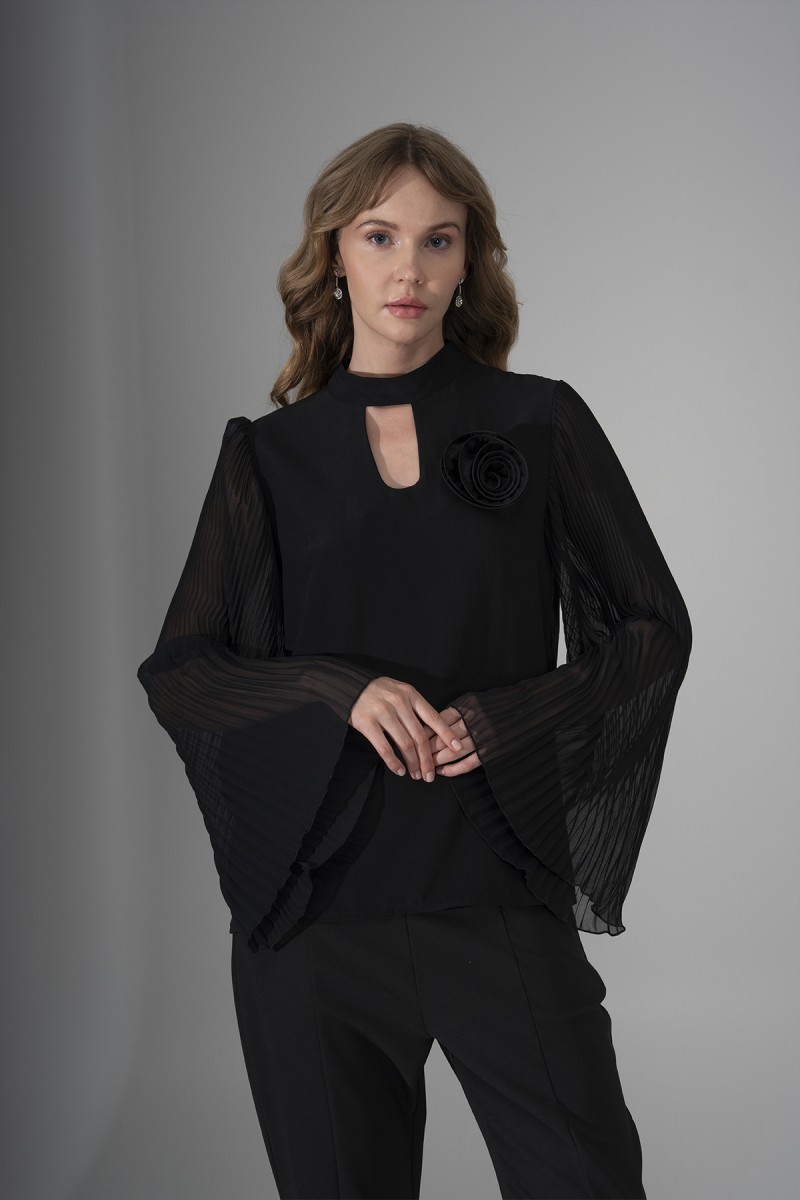 Blouse with Chiffon Sleeves and Floral Accessory