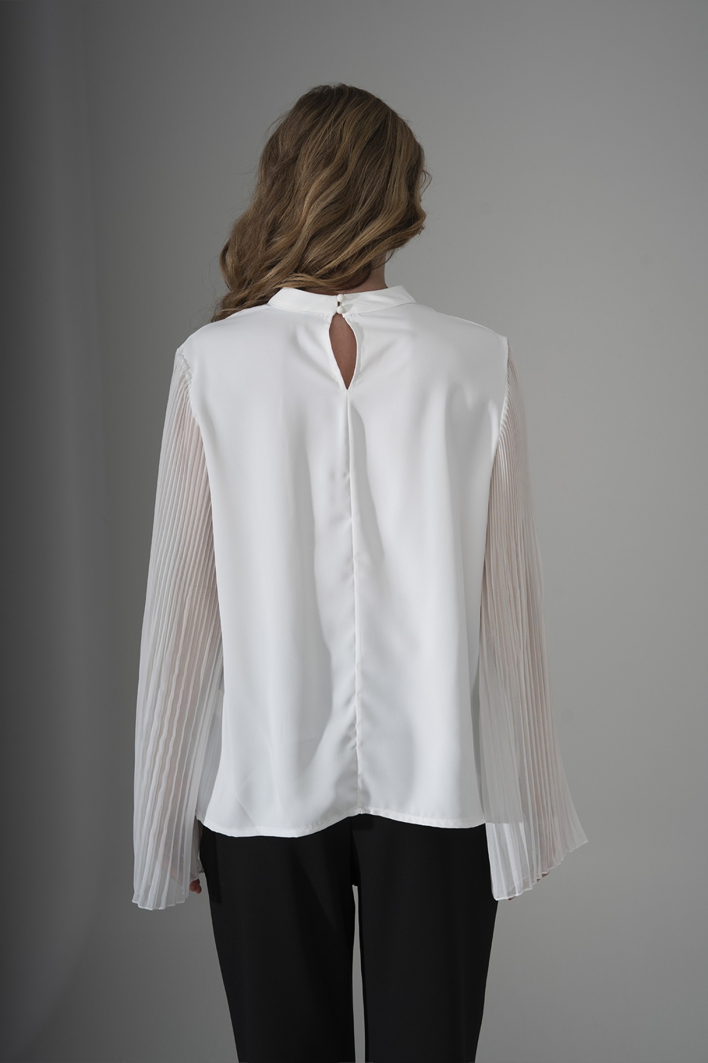 Blouse with Chiffon Sleeves and Floral Accessory