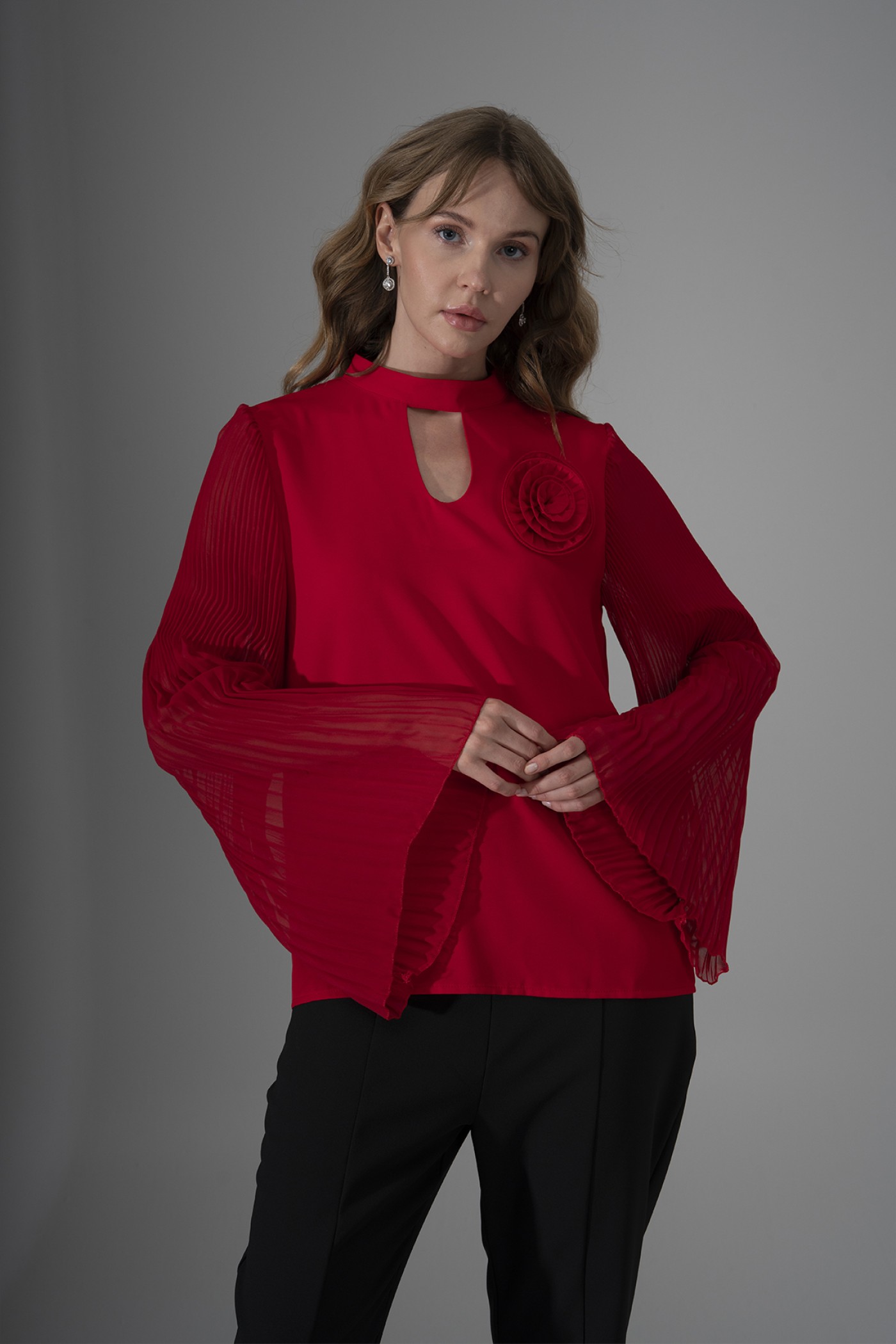 Blouse with Chiffon Sleeves and Floral Accessory