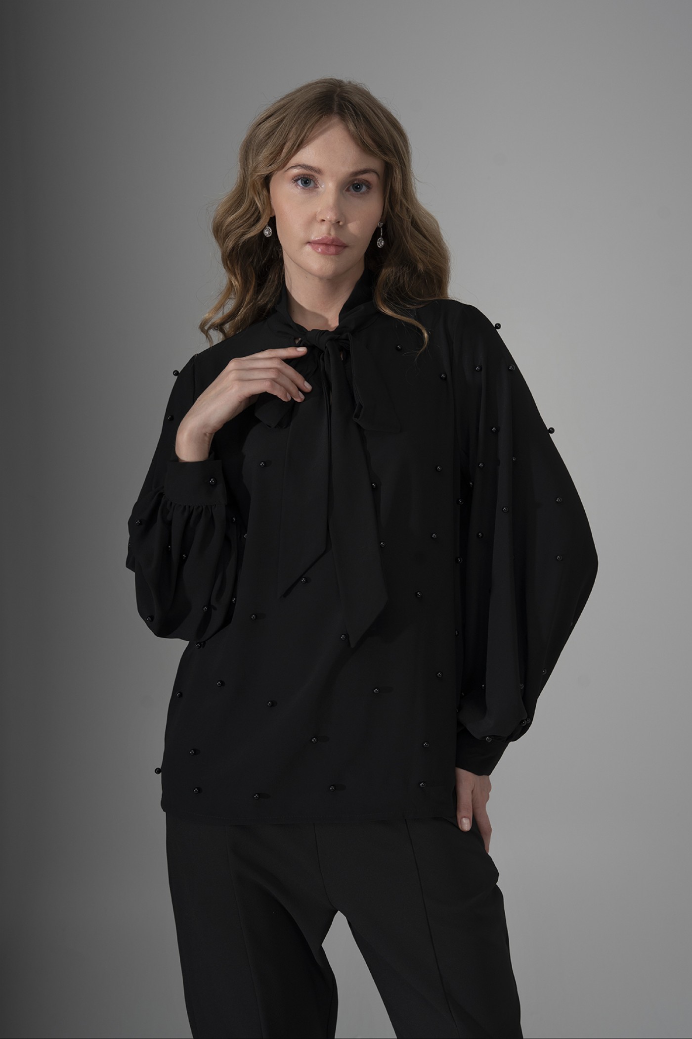 Pearl Detailed Blouse with Bow Tie Neck