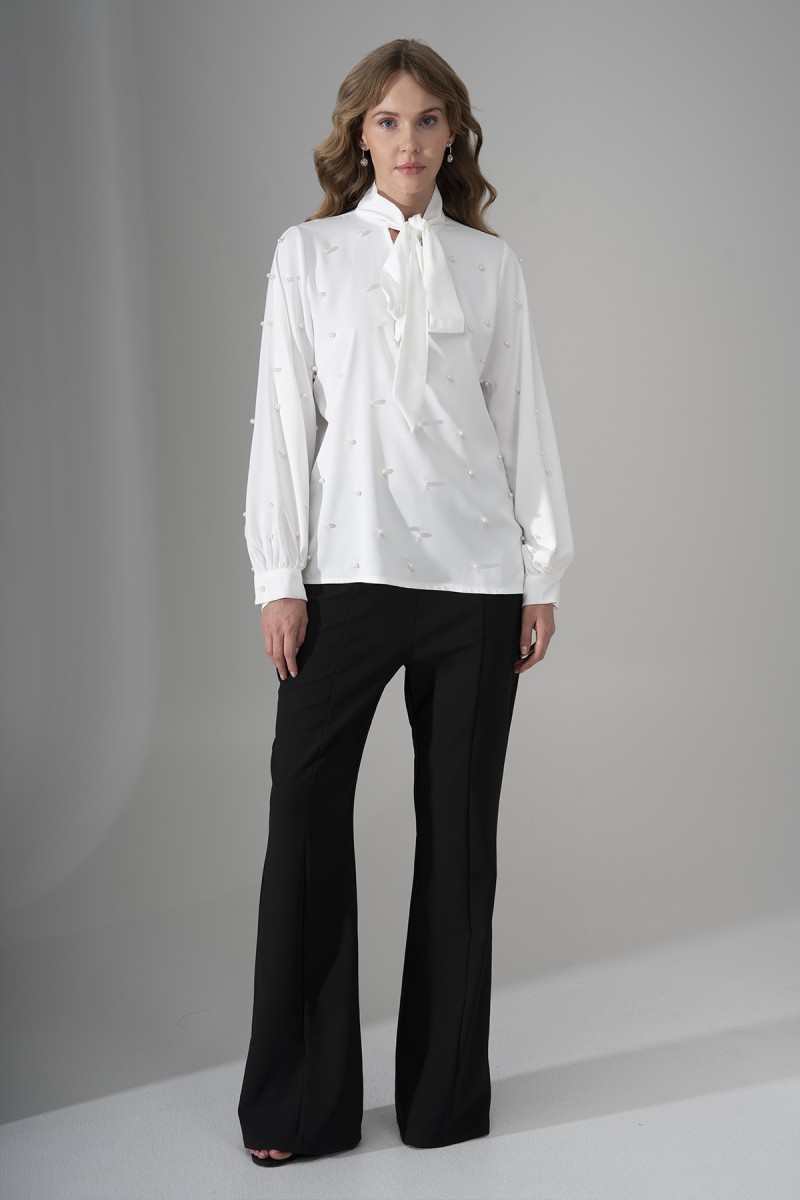 Pearl Detailed Blouse with Bow Tie Neck Pearl Detailed Blouse with Bow Tie Neck