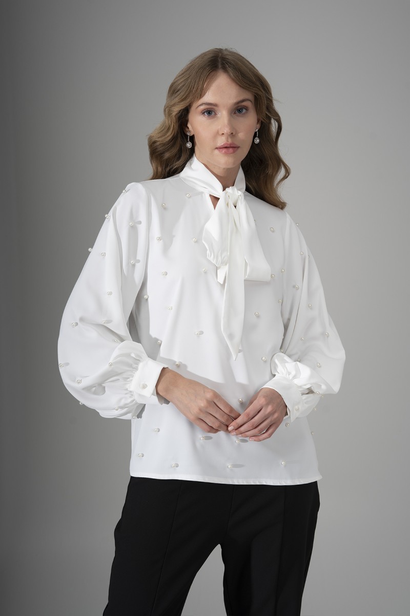 Pearl Detailed Blouse with Bow Tie Neck