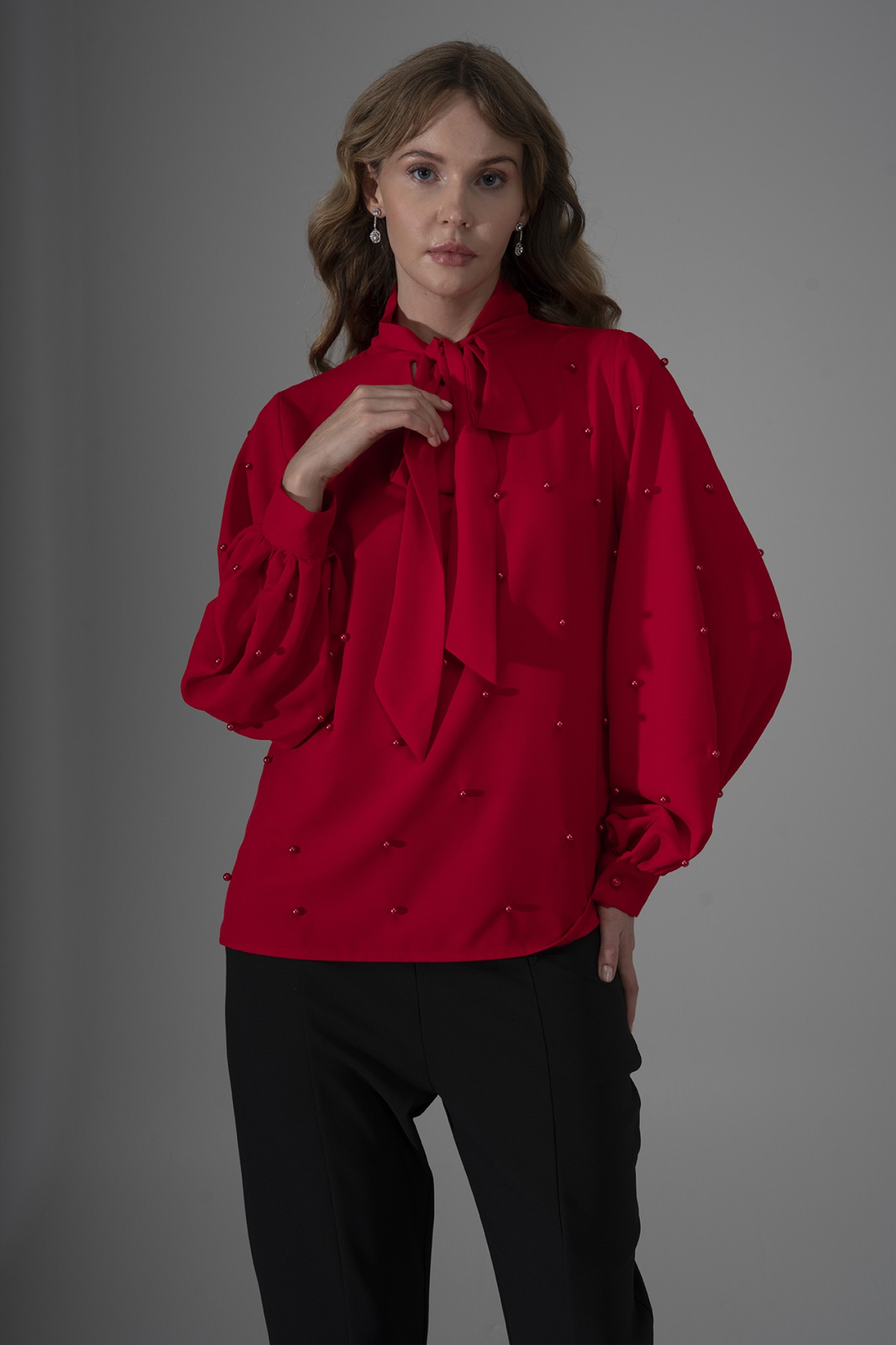 Pearl Detailed Blouse with Bow Tie Neck
