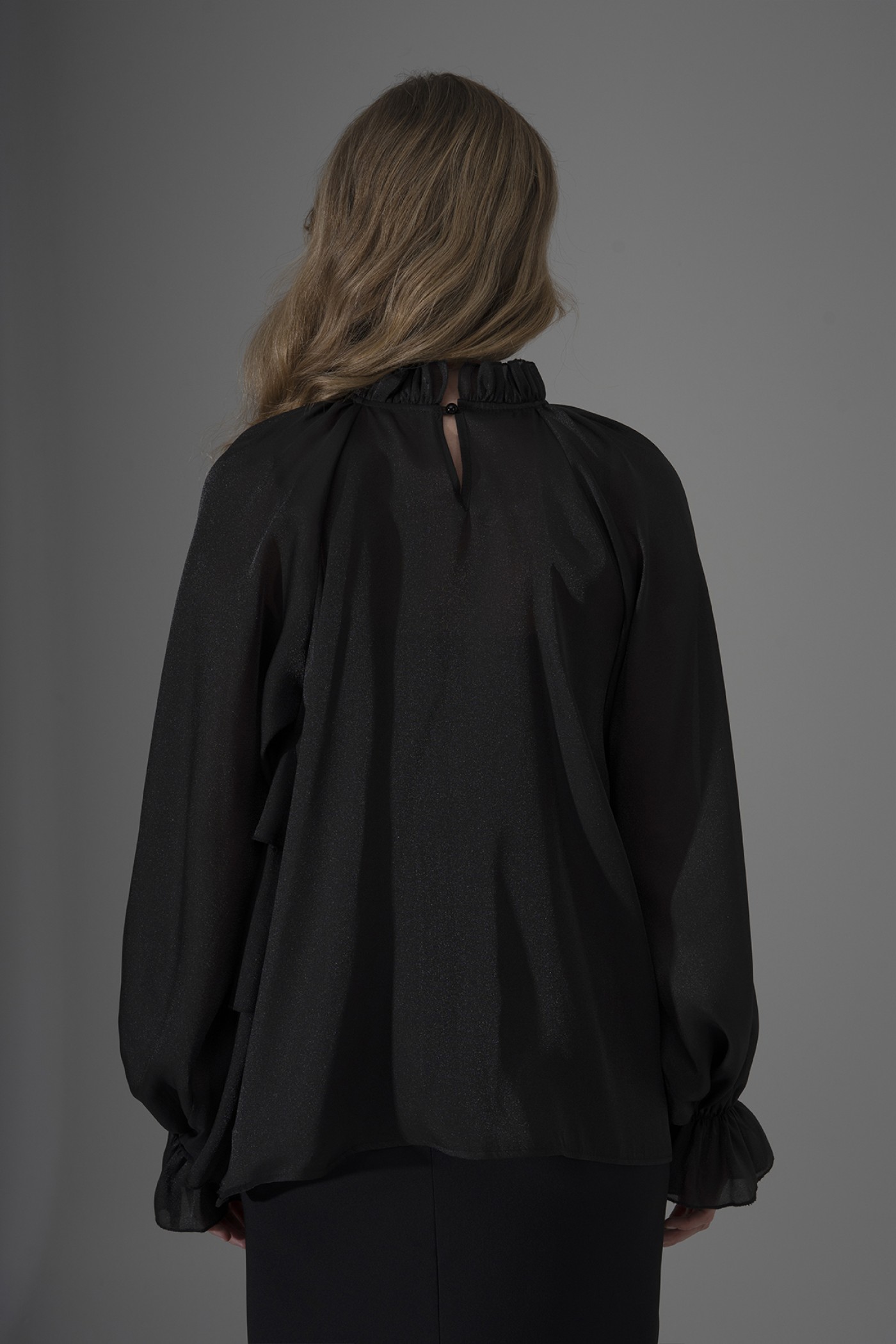 Pearl Organza Ruffled Blouse with Rose Brooch