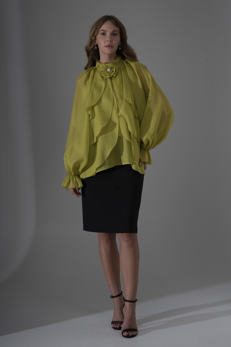Pearl Organza Ruffled Blouse with Rose Brooch