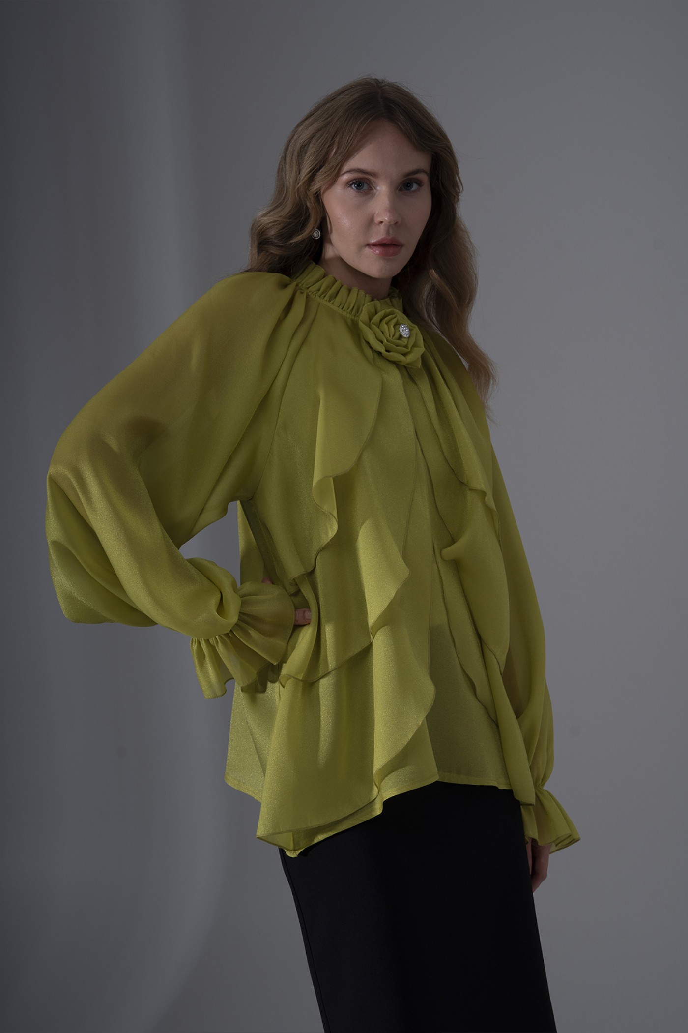 Pearl Organza Ruffled Blouse with Rose Brooch
