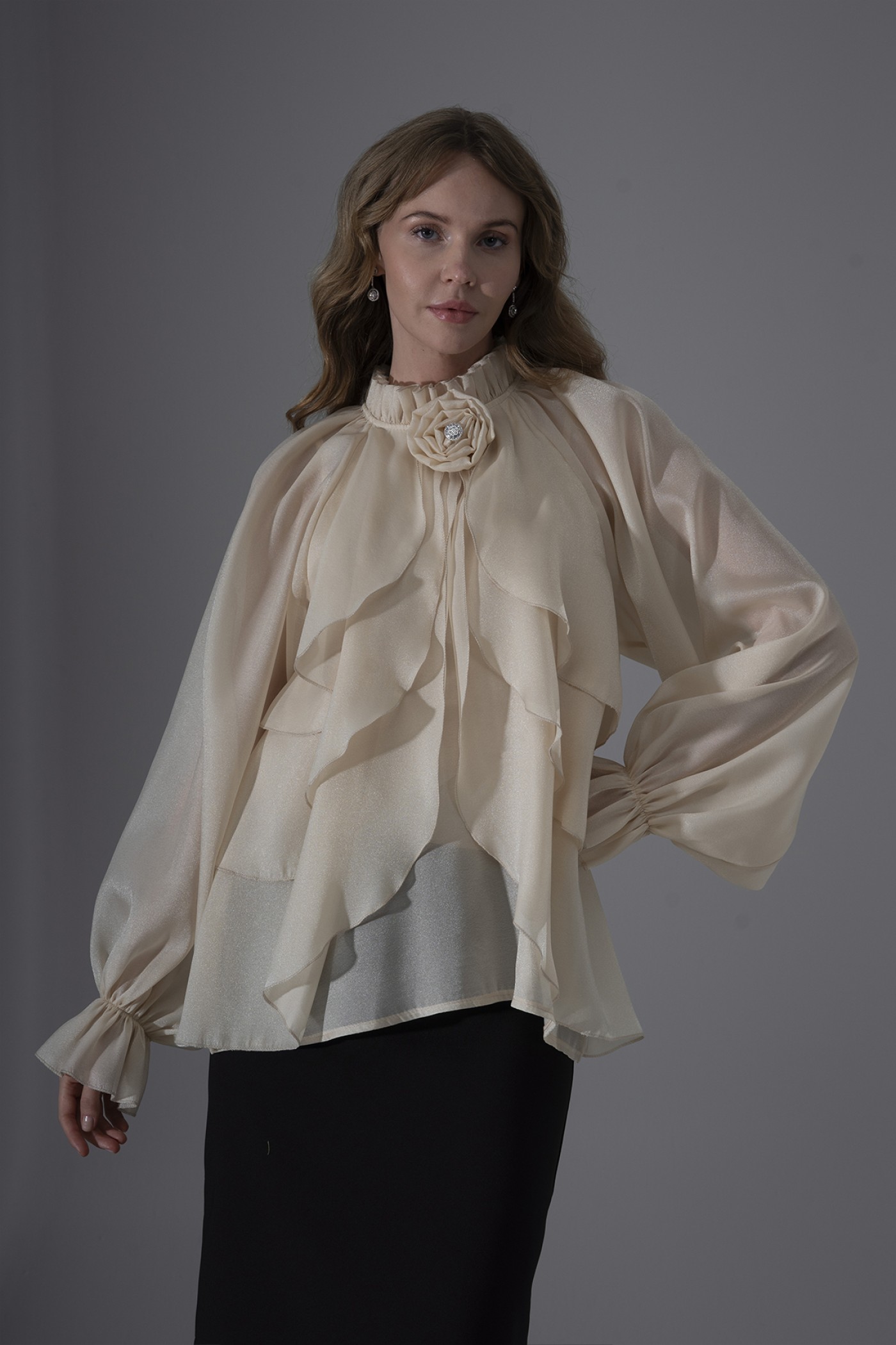 Pearl Organza Ruffled Blouse with Rose Brooch