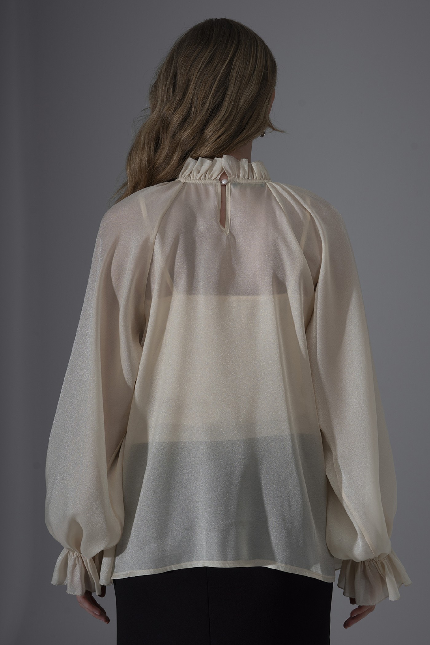 Pearl Organza Ruffled Blouse with Rose Brooch