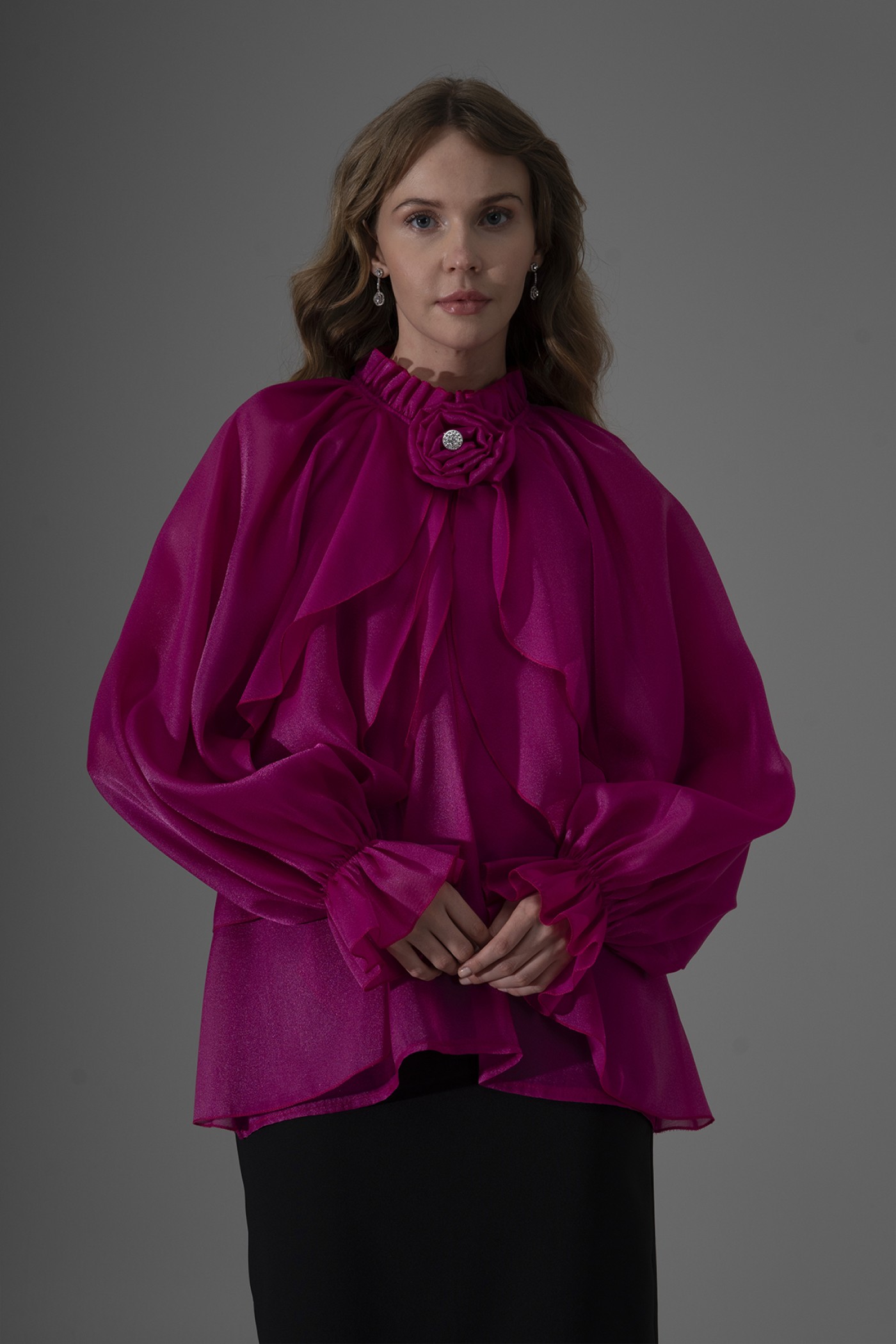 Pearl Organza Ruffled Blouse with Rose Brooch