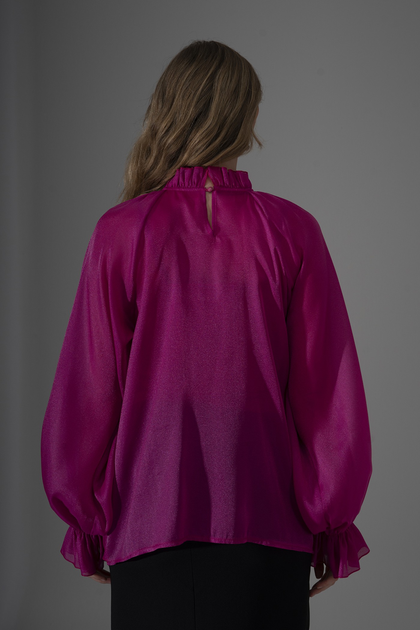 Pearl Organza Ruffled Blouse with Rose Brooch