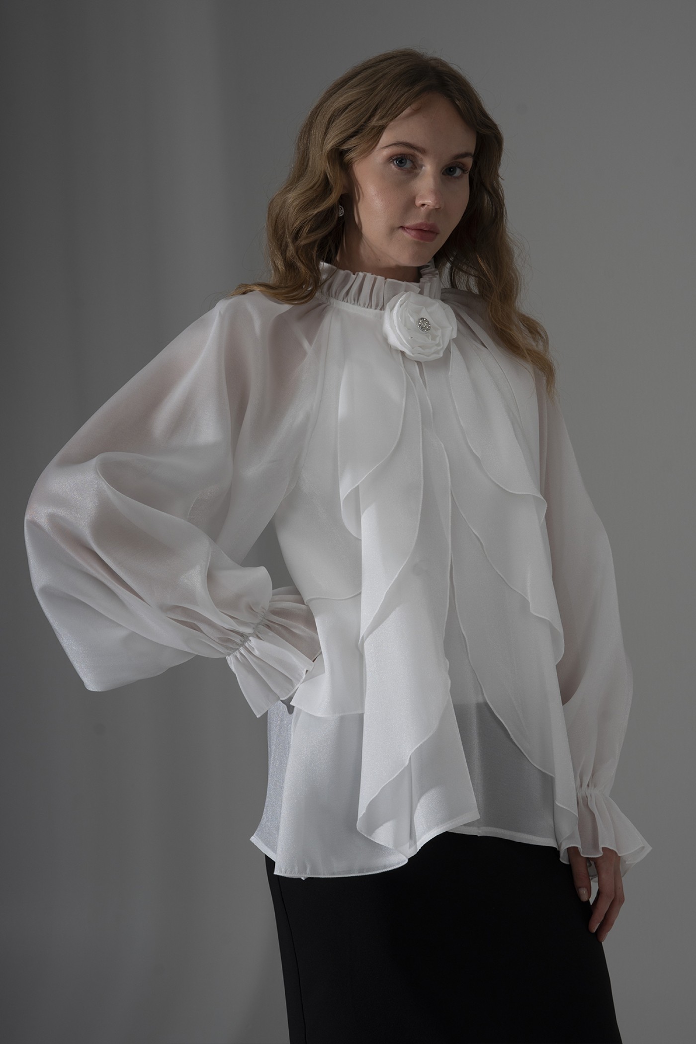 Pearl Organza Ruffled Blouse with Rose Brooch