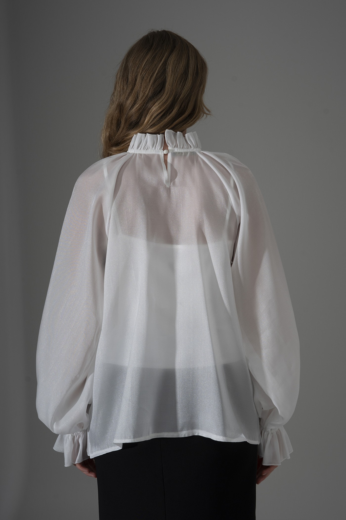 Pearl Organza Ruffled Blouse with Rose Brooch