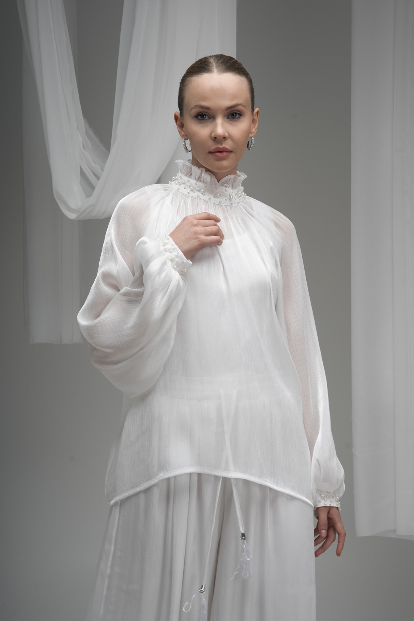 Pearl Embellished Deren Organza Blouse
