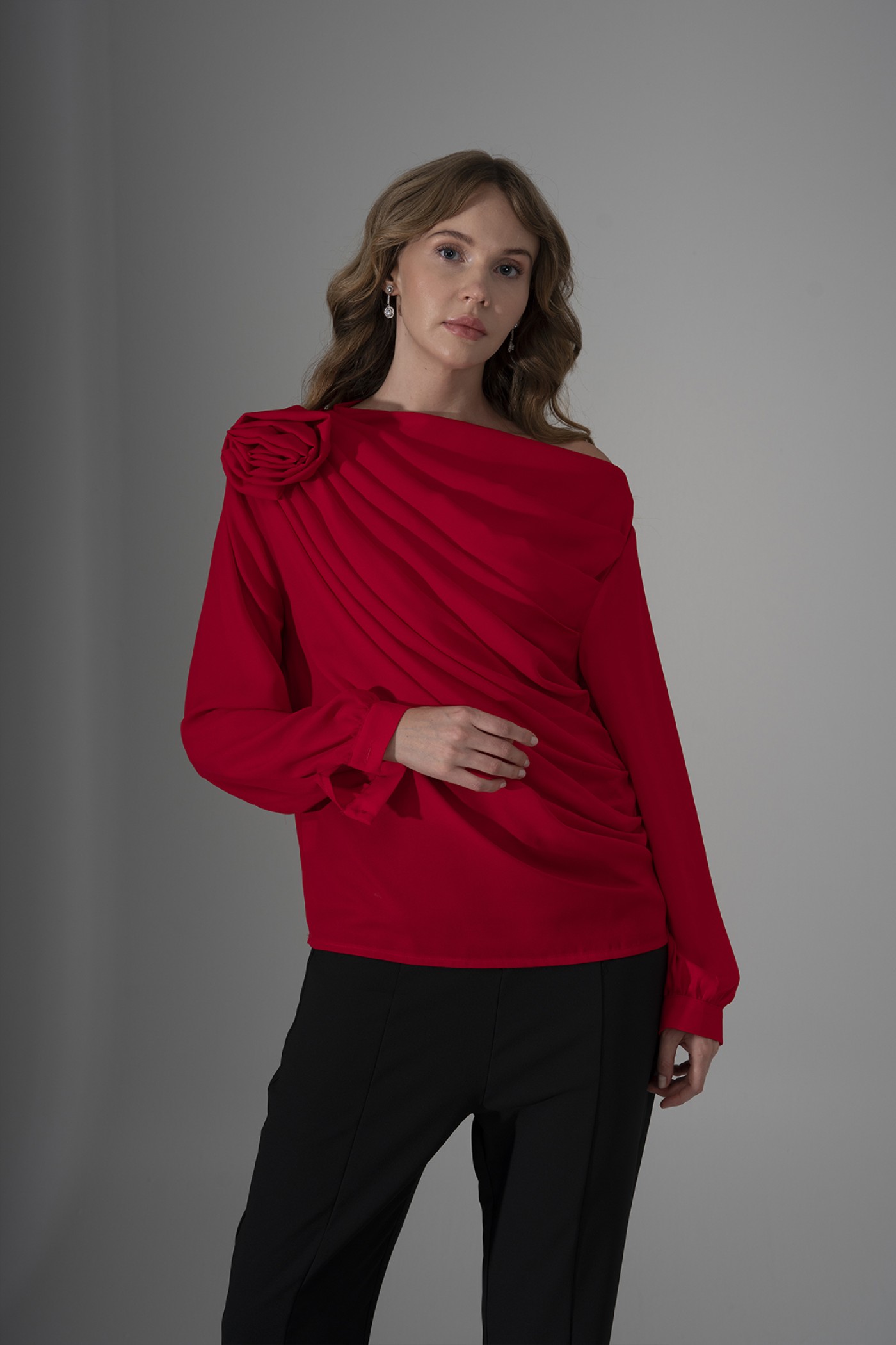 One-Shoulder Crepe Blouse with Rose Detail
