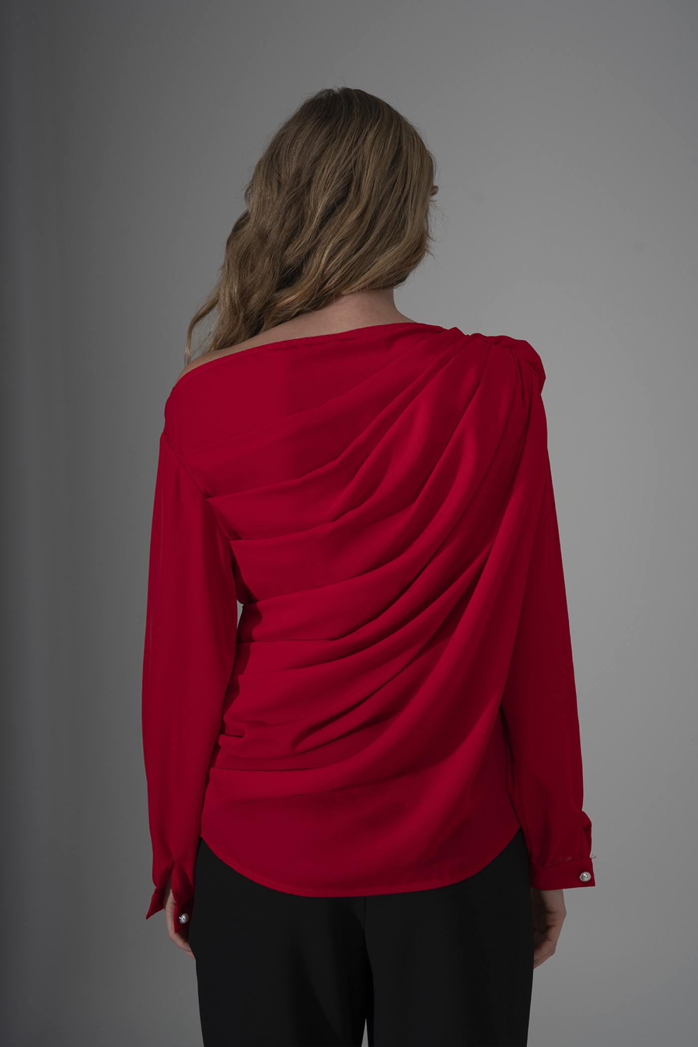 One-Shoulder Crepe Blouse with Rose Detail