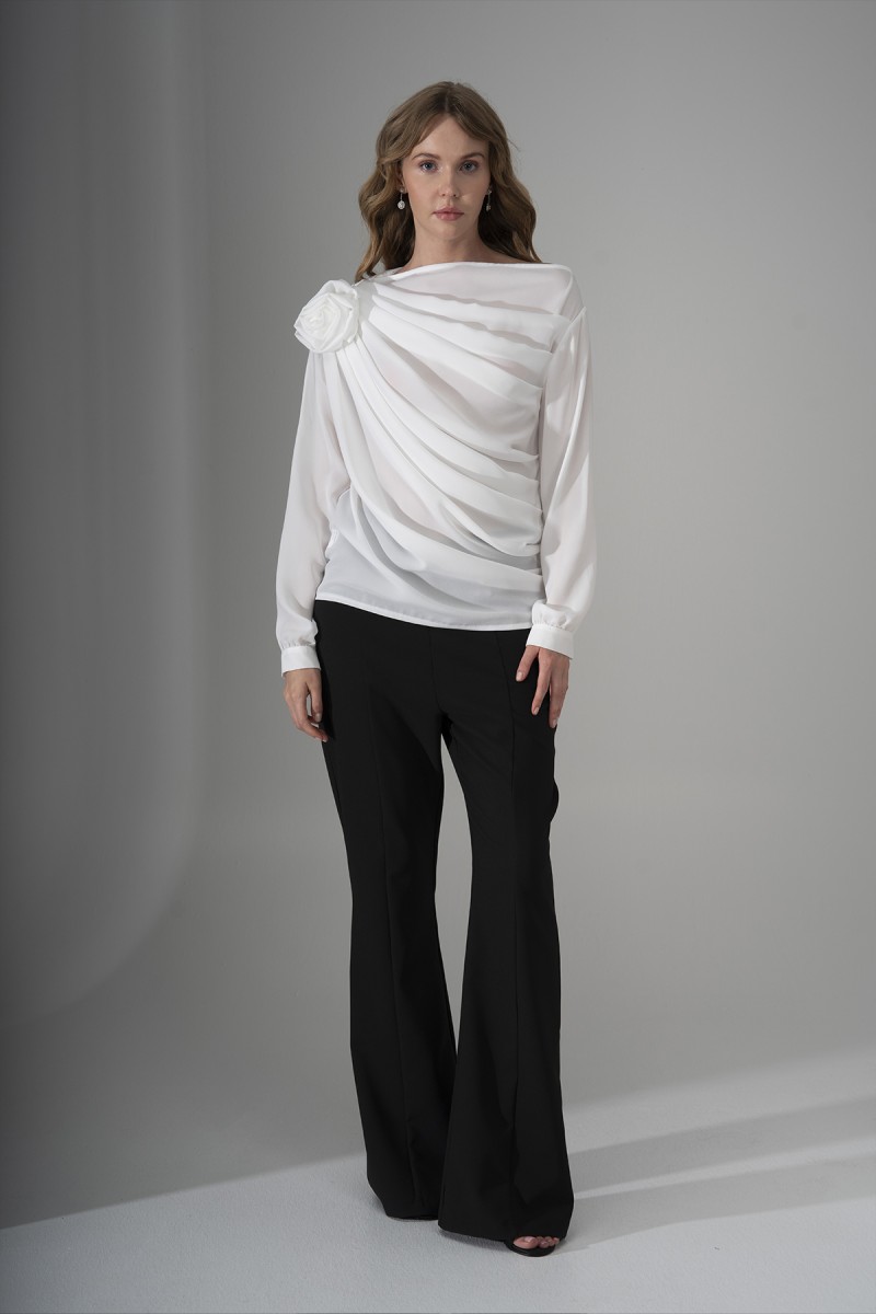 One-Shoulder Crepe Blouse with Rose Detail One-Shoulder Crepe Blouse with Rose Detail