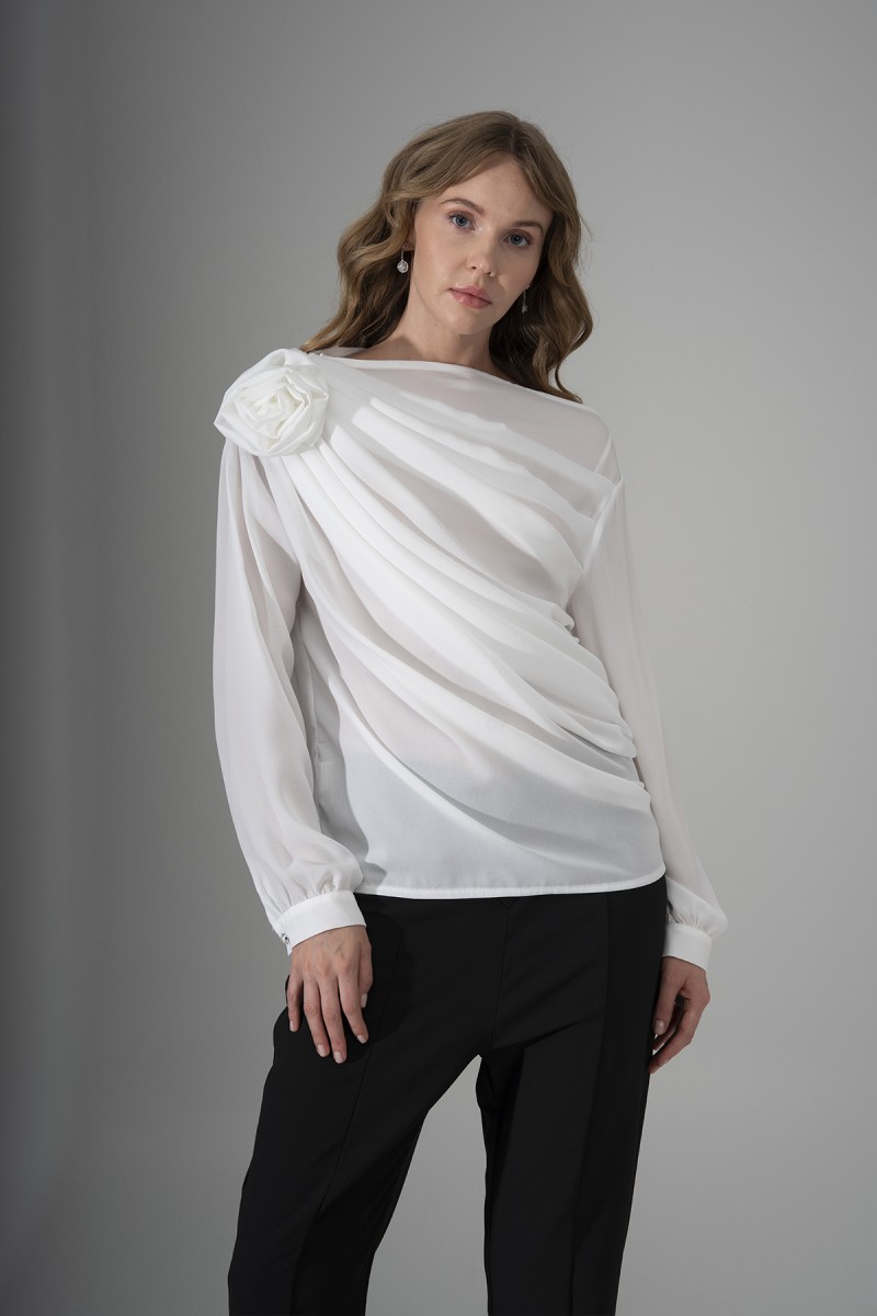 One-Shoulder Crepe Blouse with Rose Detail