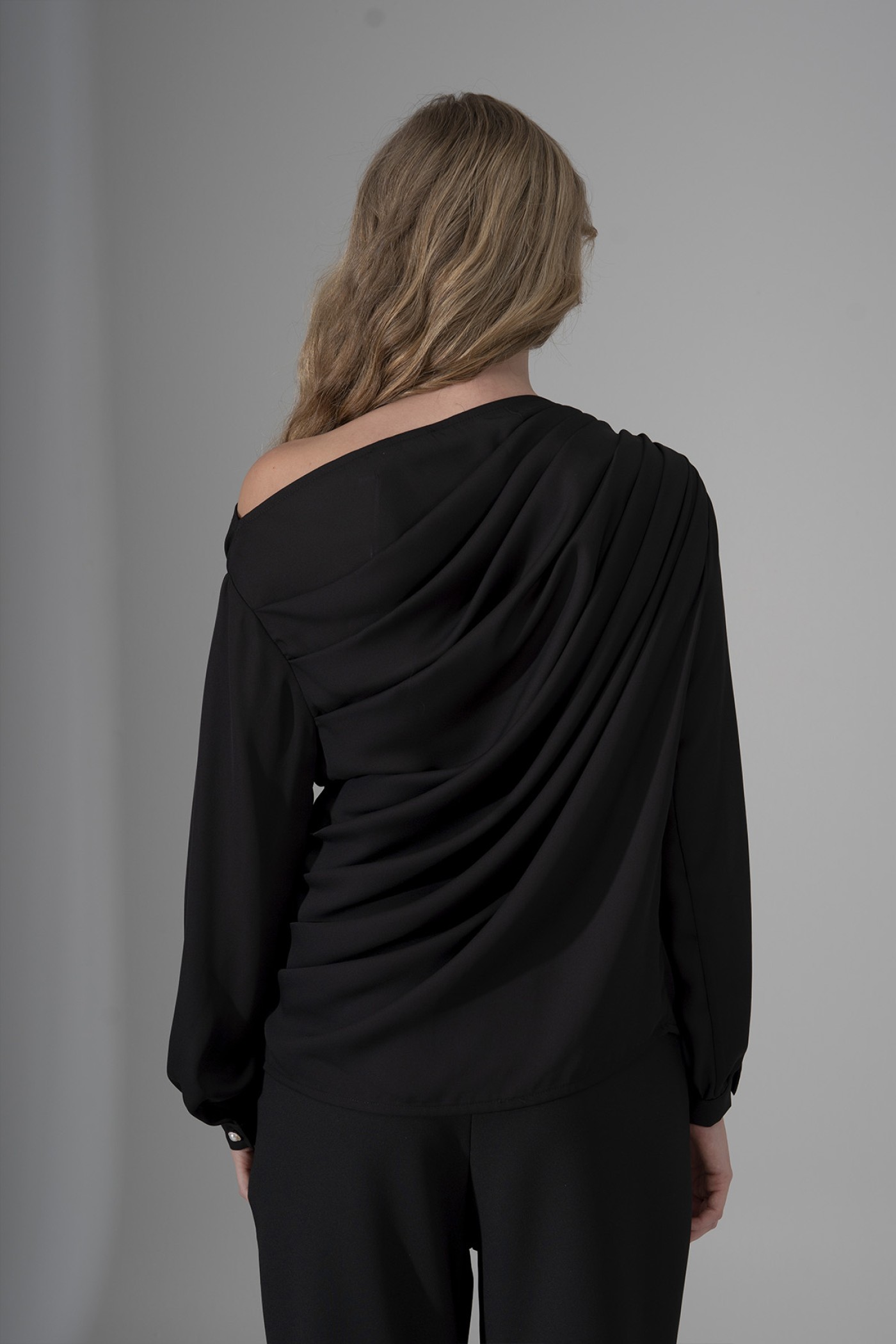 One-Shoulder Crepe Blouse with Rose Detail