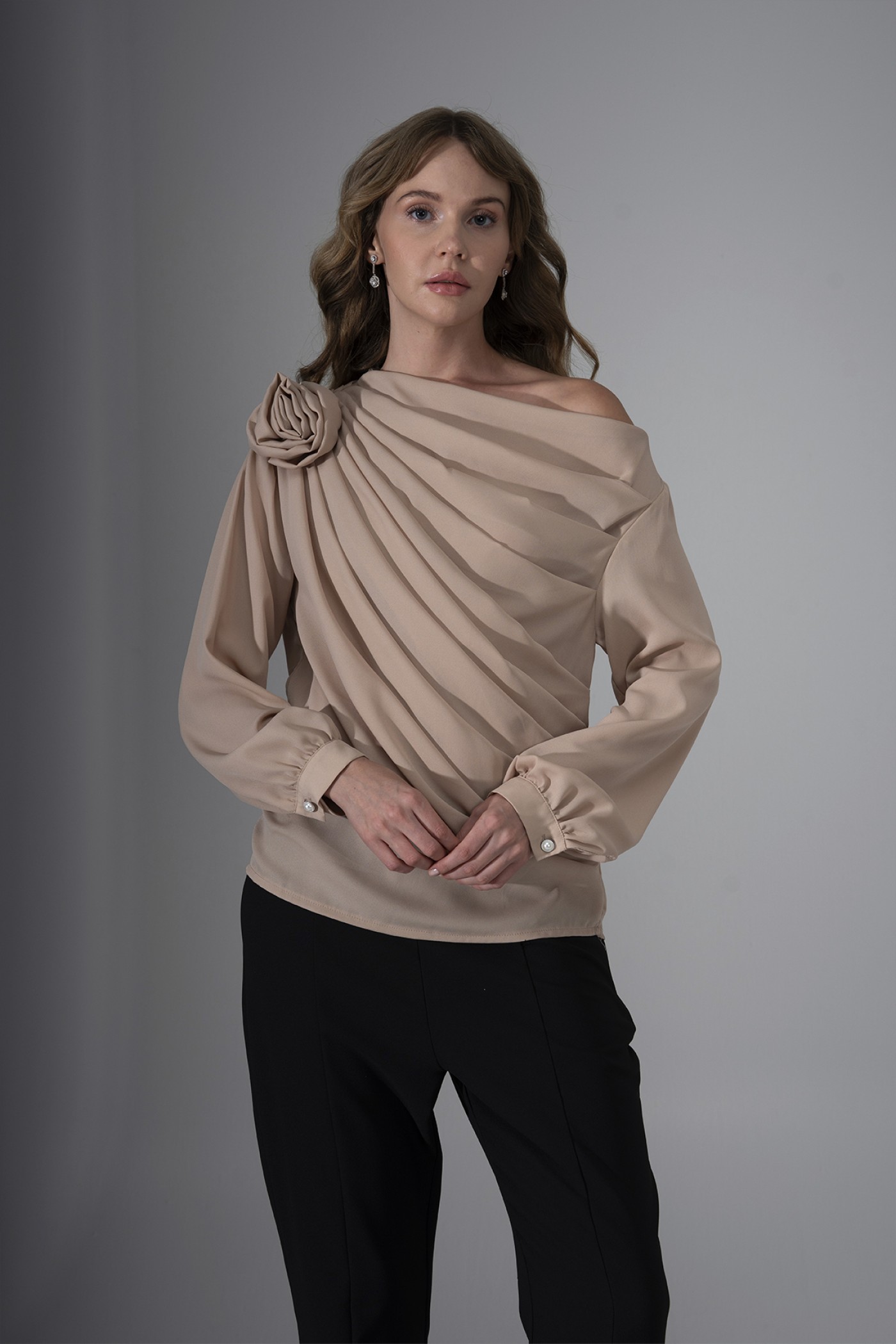 One-Shoulder Crepe Blouse with Rose Detail