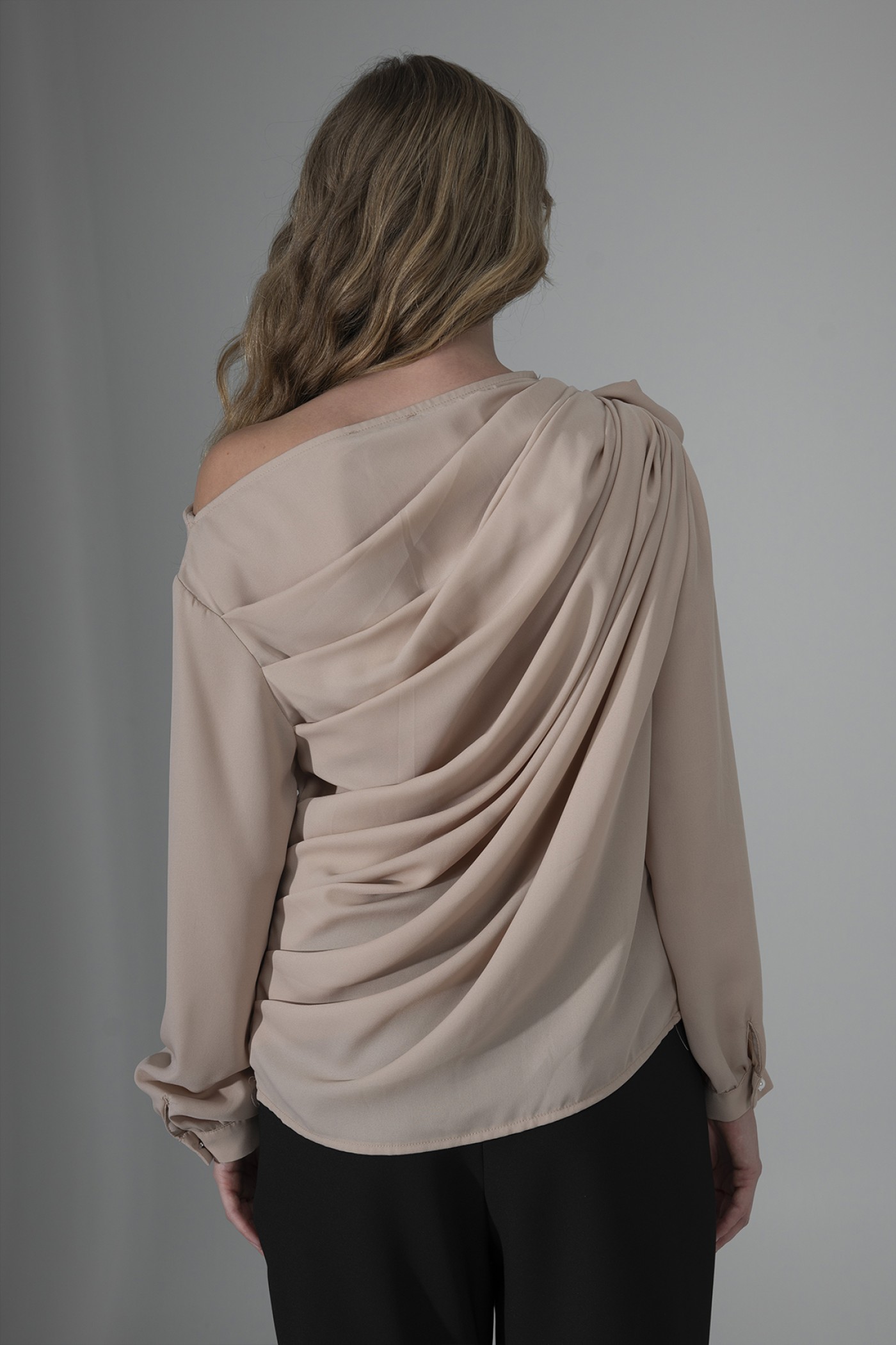 One-Shoulder Crepe Blouse with Rose Detail