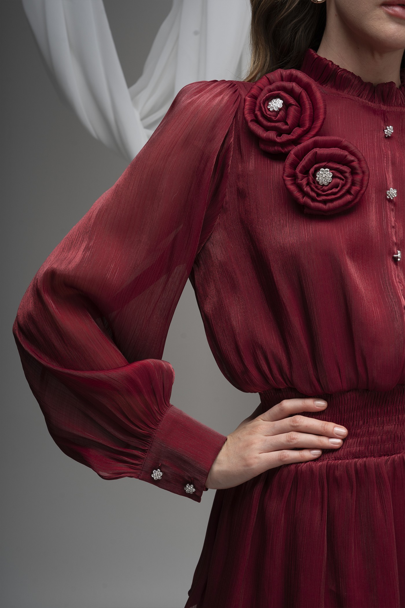 Deren Organza Blouse with Rose Details