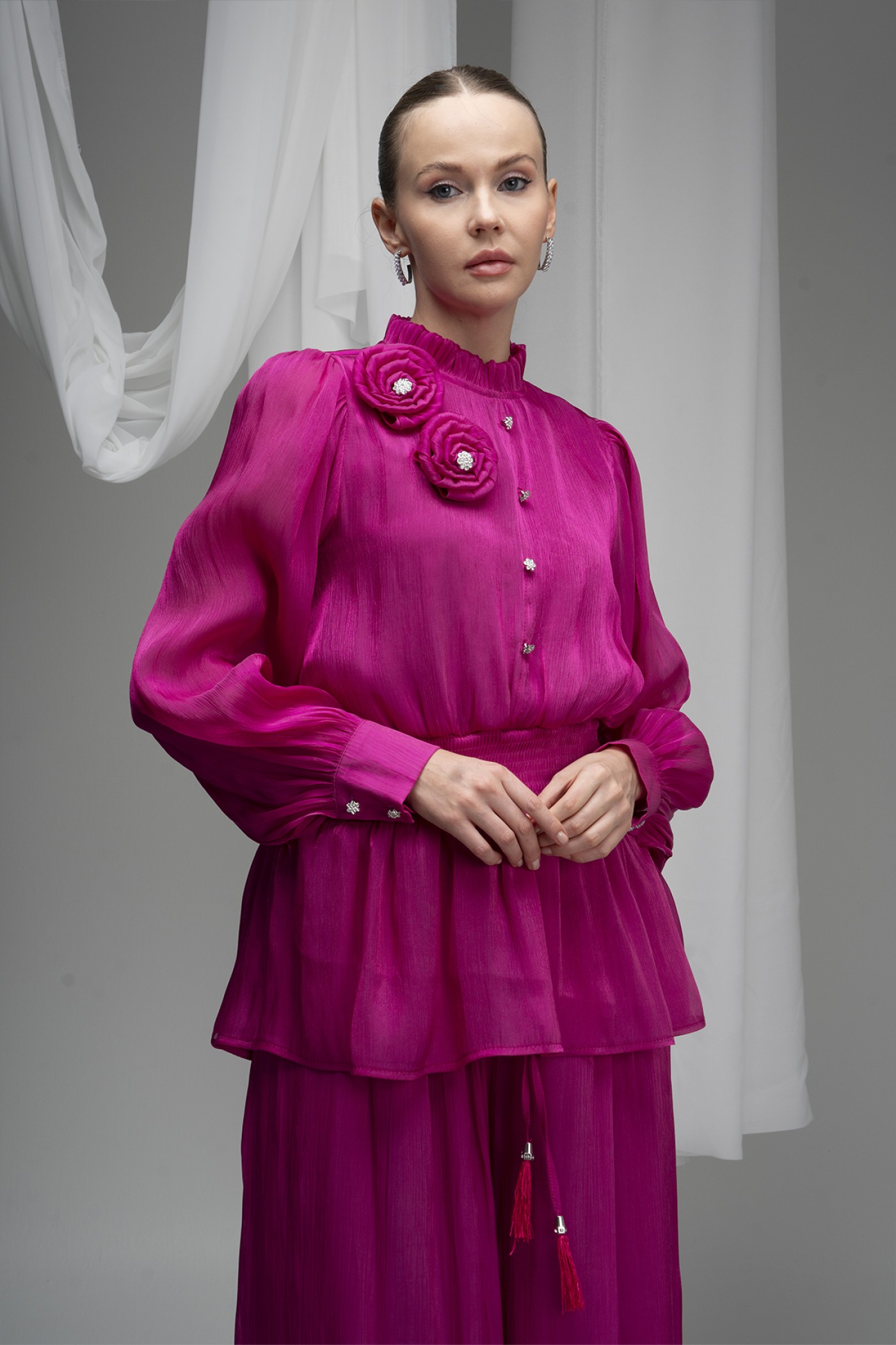 Deren Organza Blouse with Rose Details