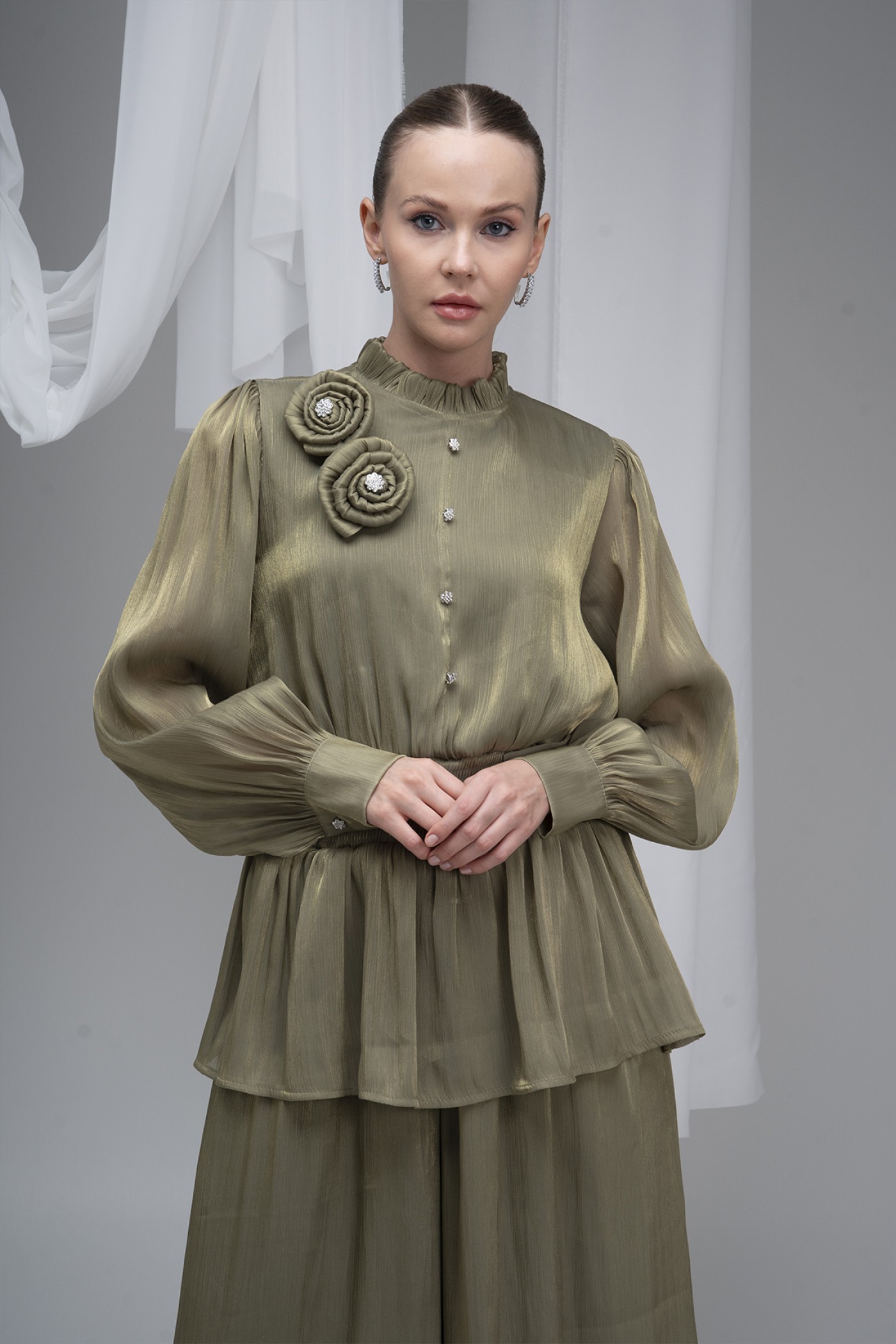 Deren Organza Blouse with Rose Details