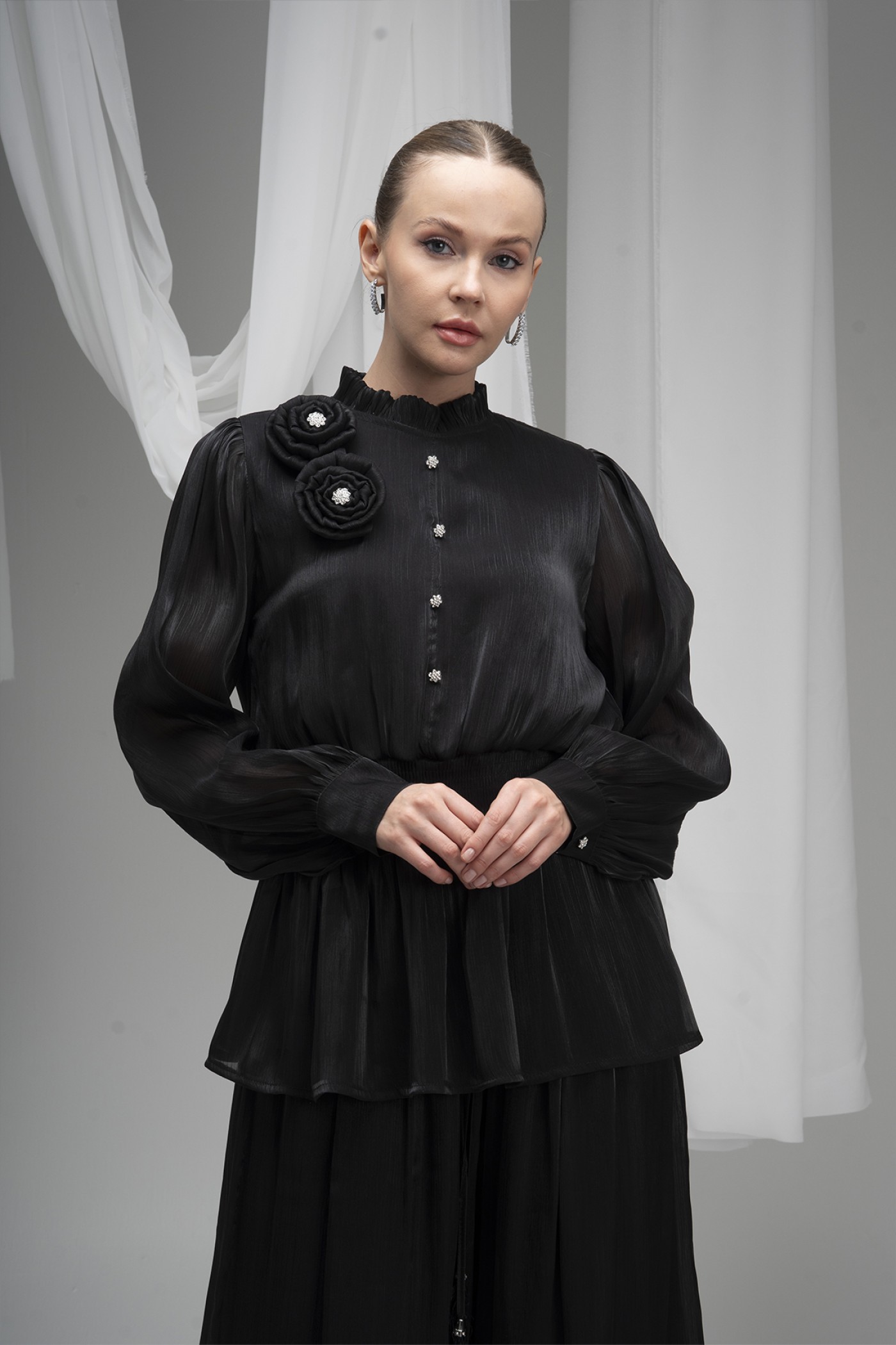 Deren Organza Blouse with Rose Details