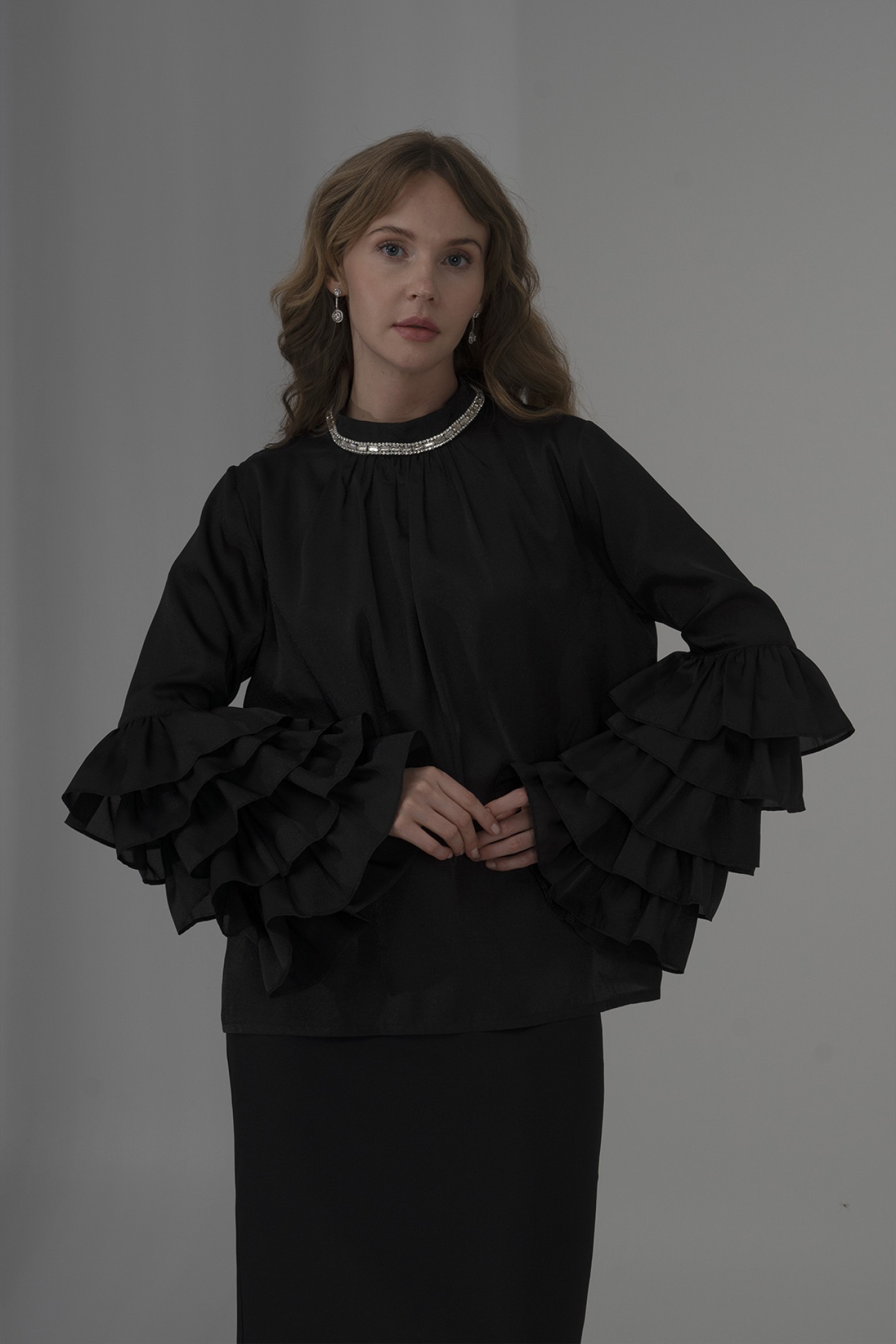  Pearl Organza Blouse with Ruffled Sleeves and Stone Detail