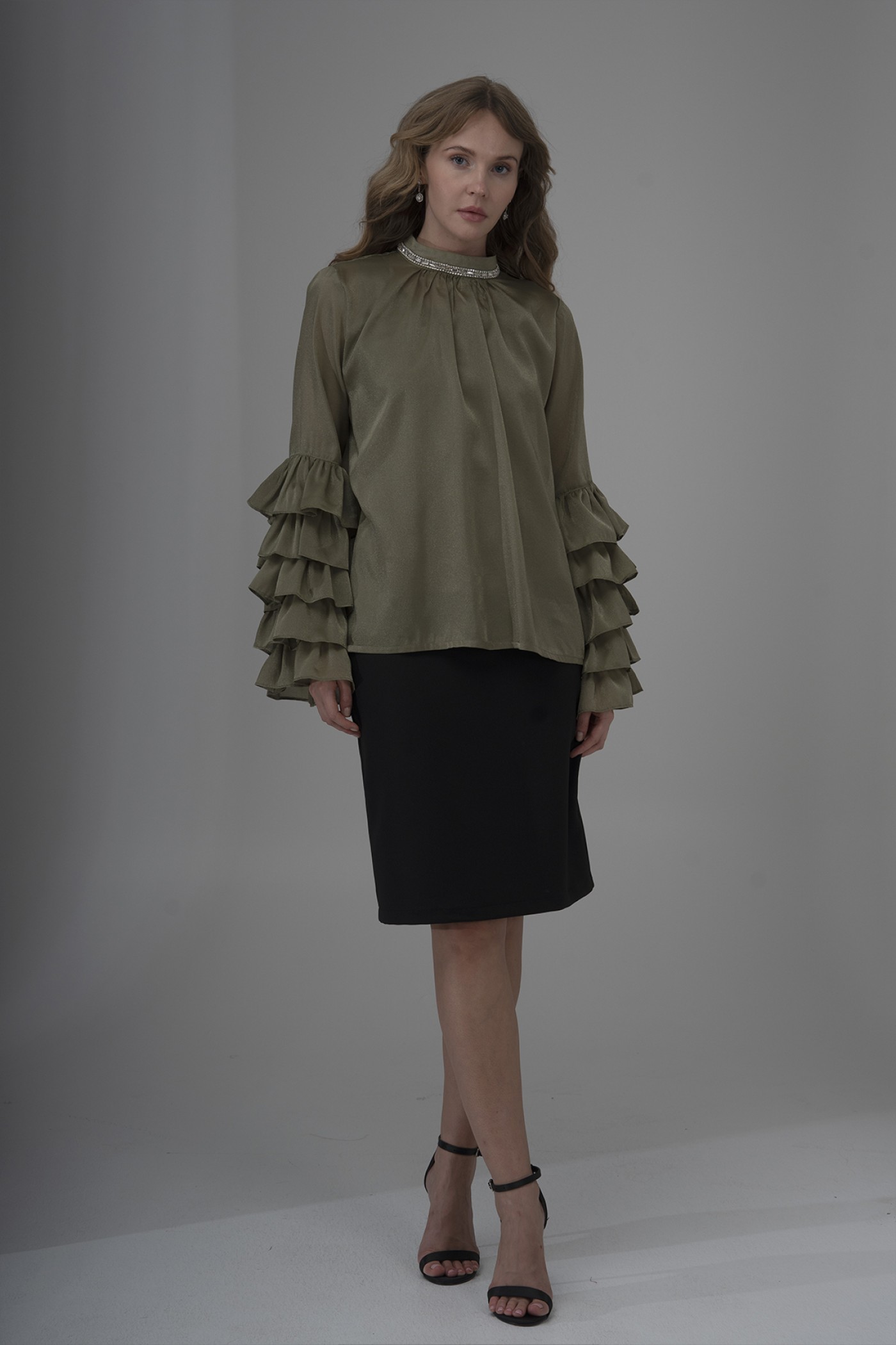  Pearl Organza Blouse with Ruffled Sleeves and Stone Detail