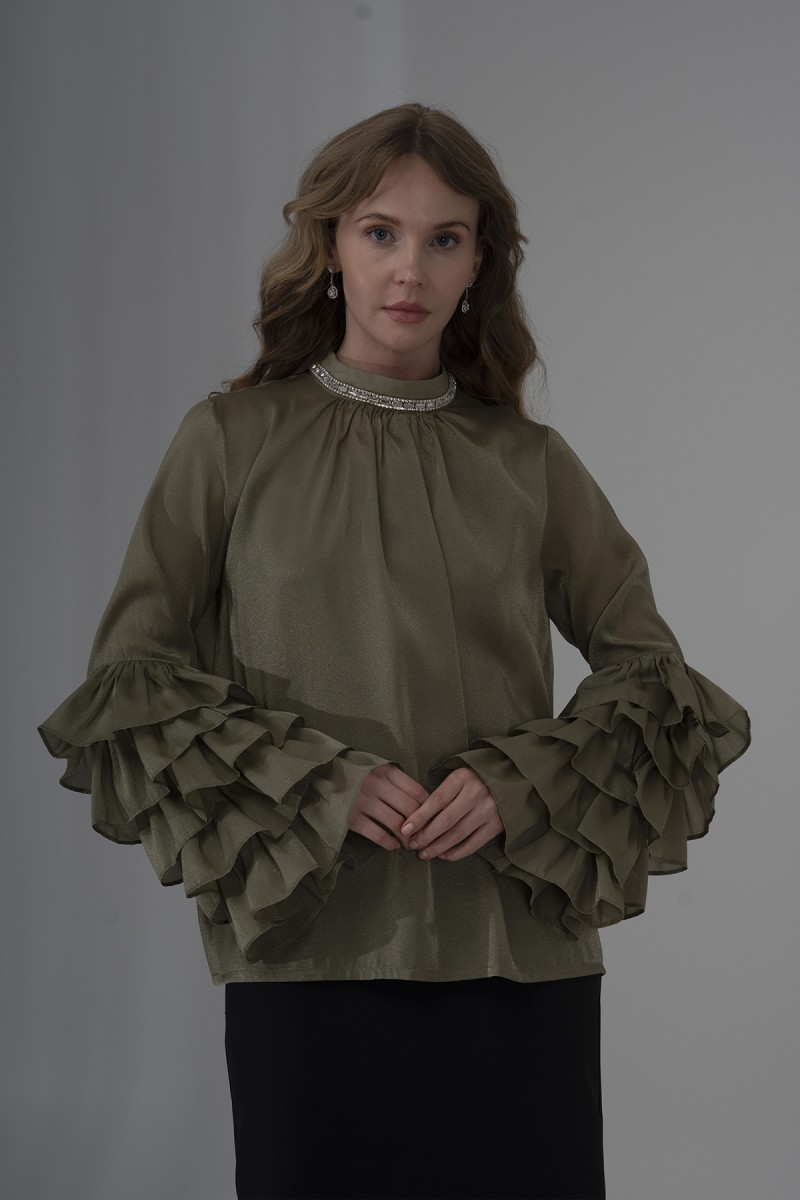  Pearl Organza Blouse with Ruffled Sleeves and Stone Detail