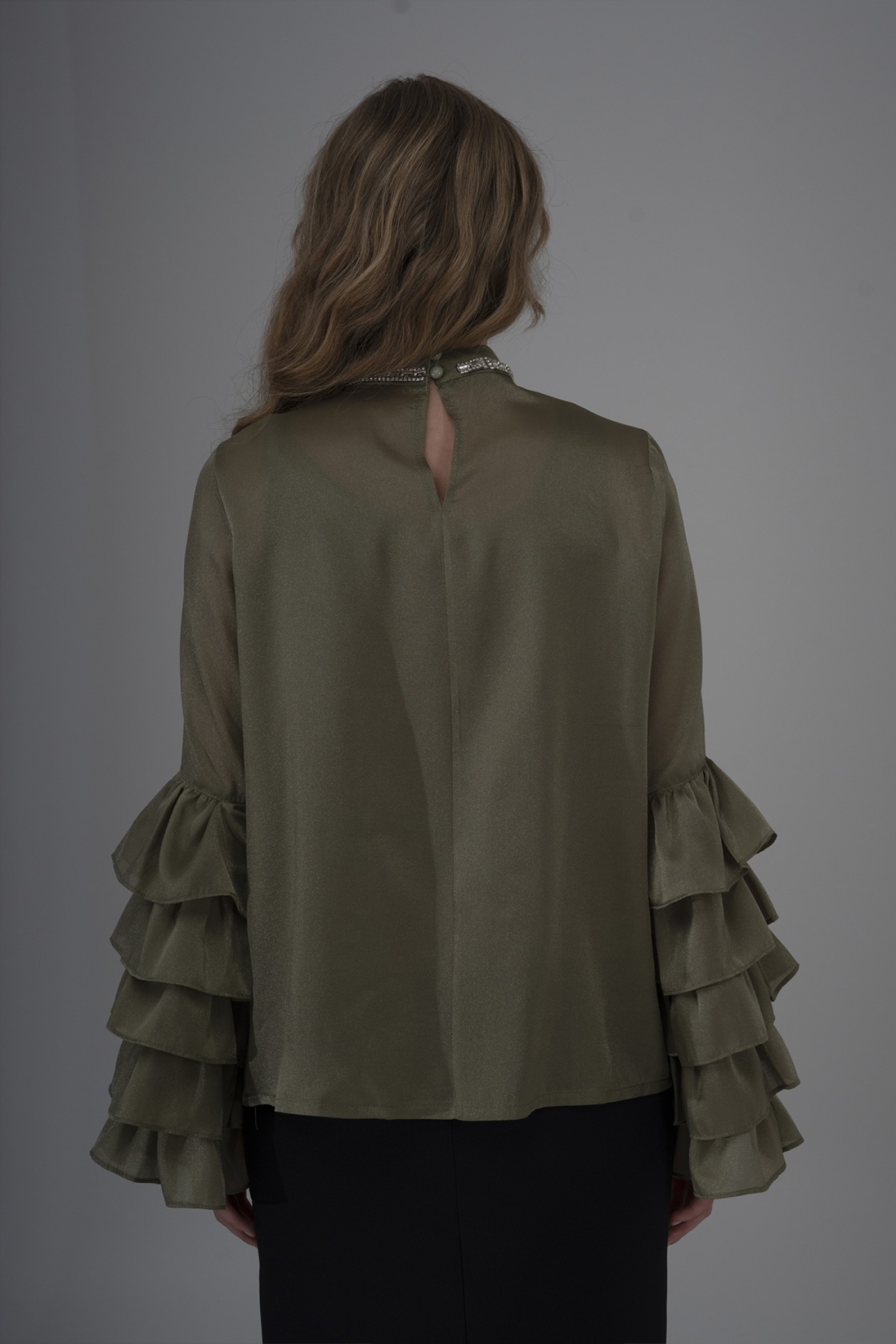  Pearl Organza Blouse with Ruffled Sleeves and Stone Detail