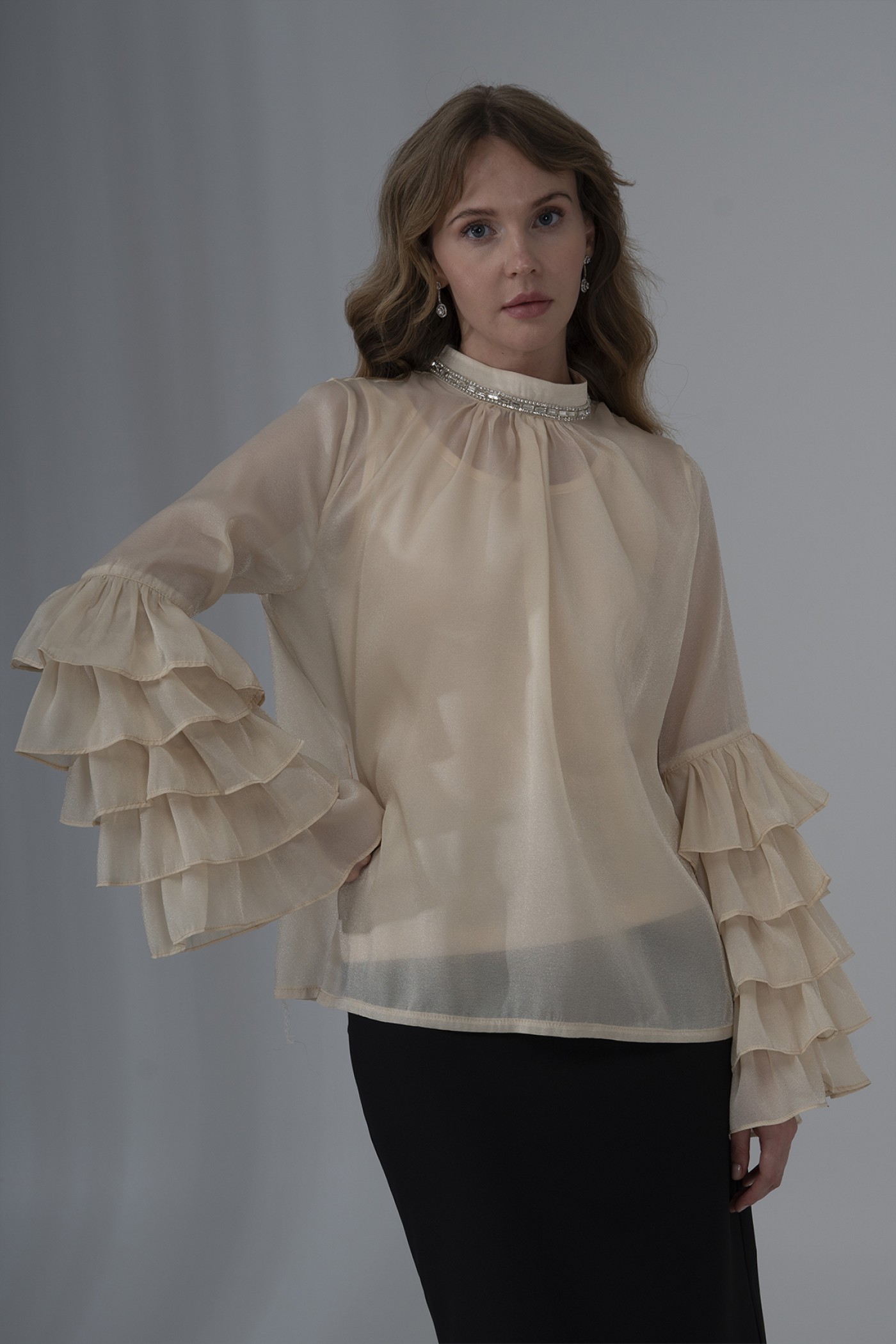  Pearl Organza Blouse with Ruffled Sleeves and Stone Detail