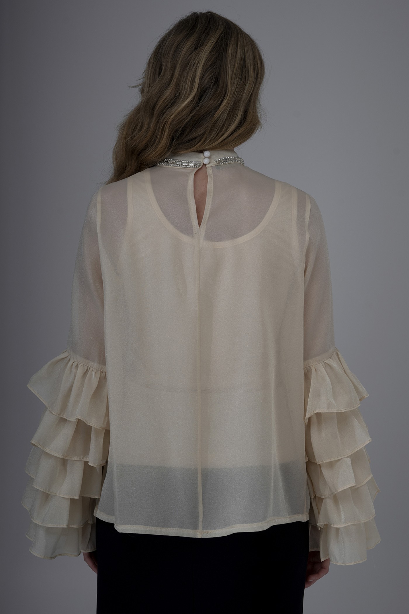  Pearl Organza Blouse with Ruffled Sleeves and Stone Detail