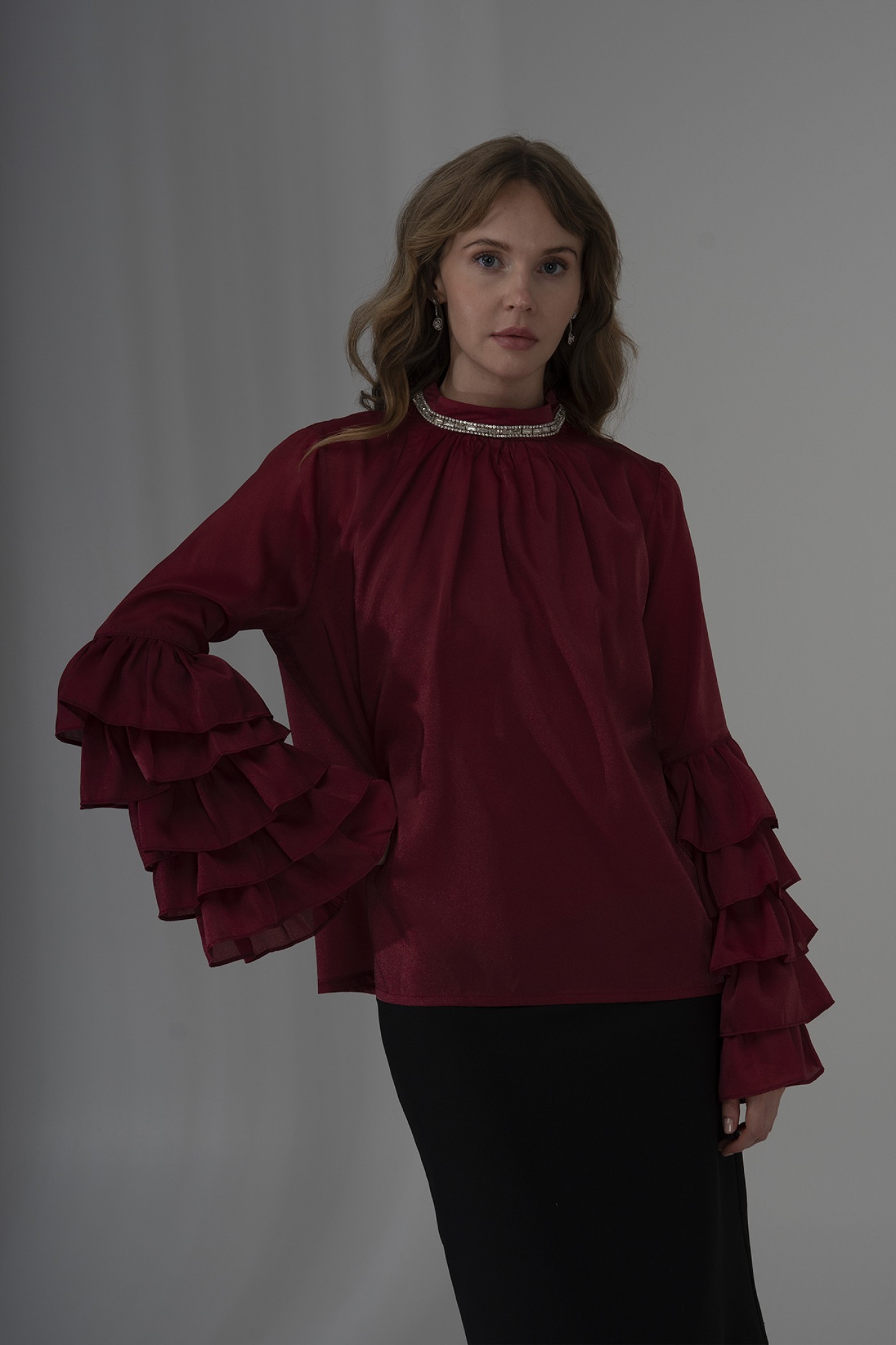  Pearl Organza Blouse with Ruffled Sleeves and Stone Detail
