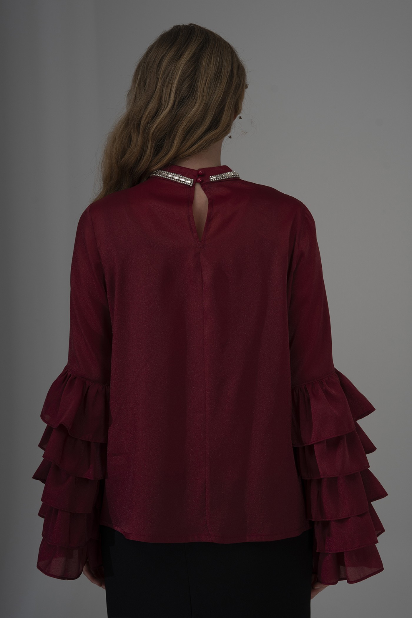  Pearl Organza Blouse with Ruffled Sleeves and Stone Detail