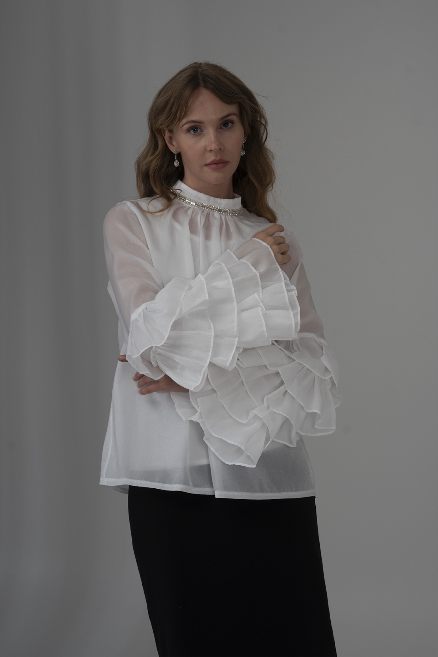  Pearl Organza Blouse with Ruffled Sleeves and Stone Detail