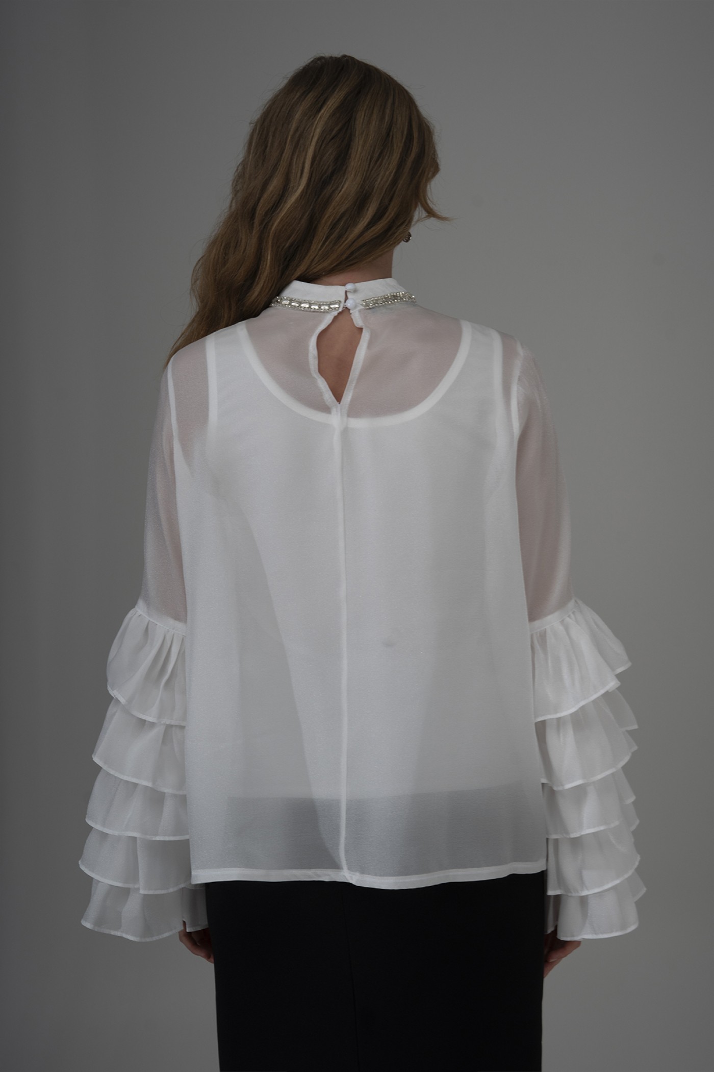  Pearl Organza Blouse with Ruffled Sleeves and Stone Detail
