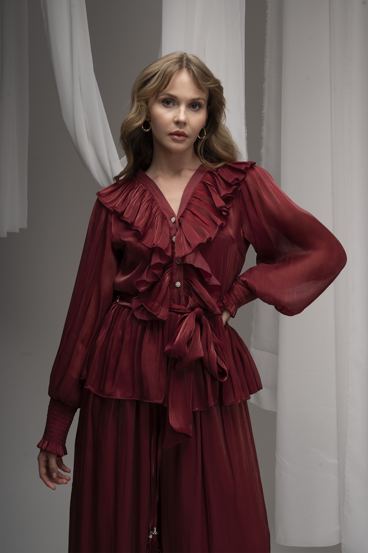 Deren Organza Blouse with Ruffles and Belt